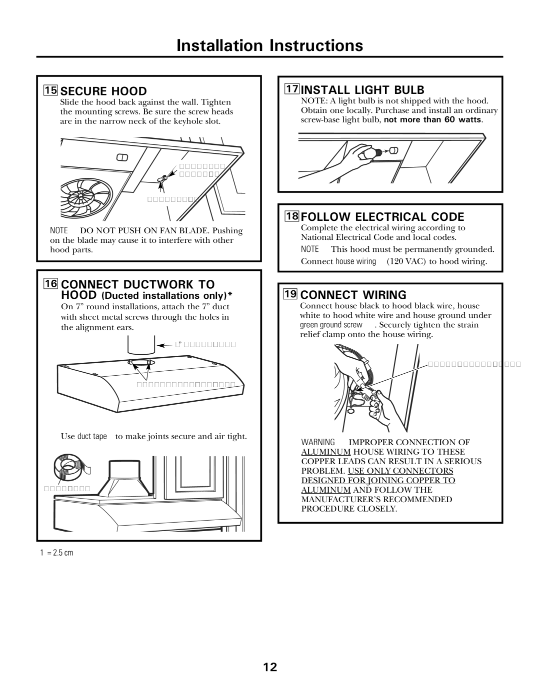 Moffat 350A4502P5661 owner manual Secure Hood, Install Light Bulb Follow Electrical Code, Connect Wiring 