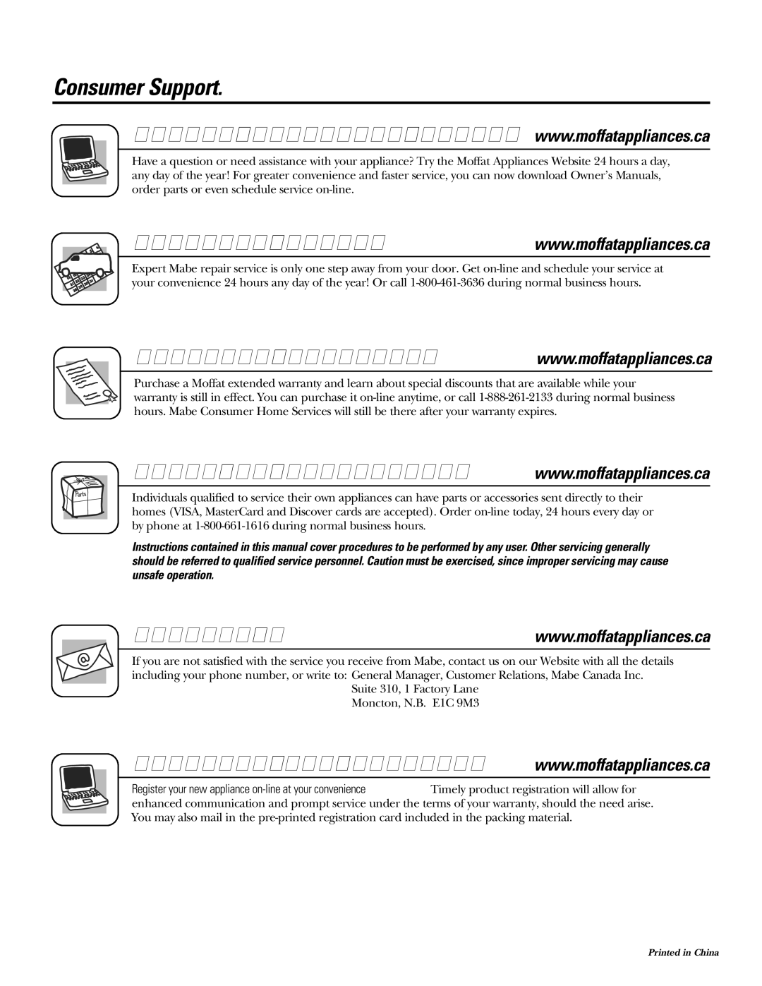 Moffat 350A4502P5661 Consumer Support Moffat Appliances Website Schedule Service, Extended Warranties, Contact Us 