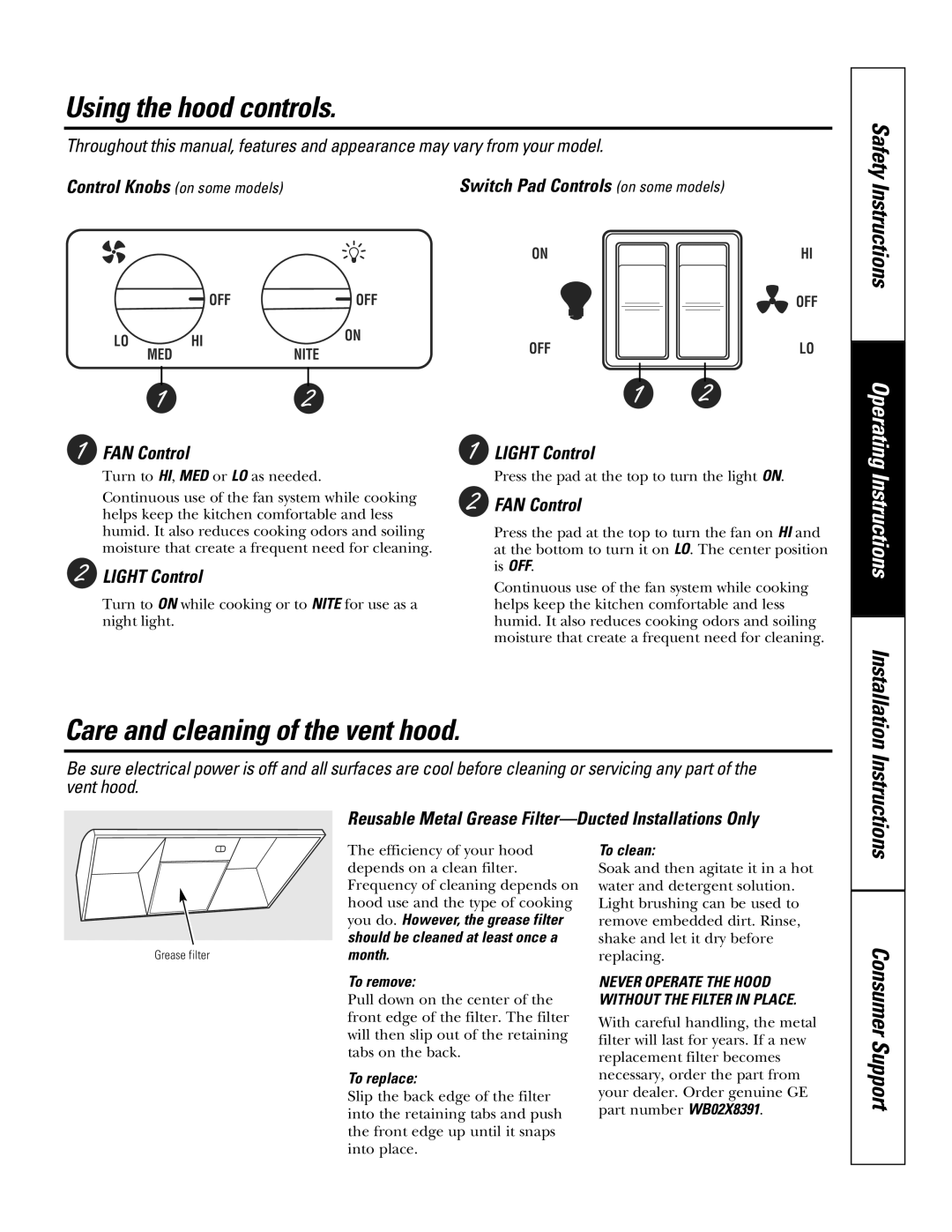 Moffat 350A4502P5661 owner manual Using the hood controls, Care and cleaning of the vent hood, FAN Control Light Control 