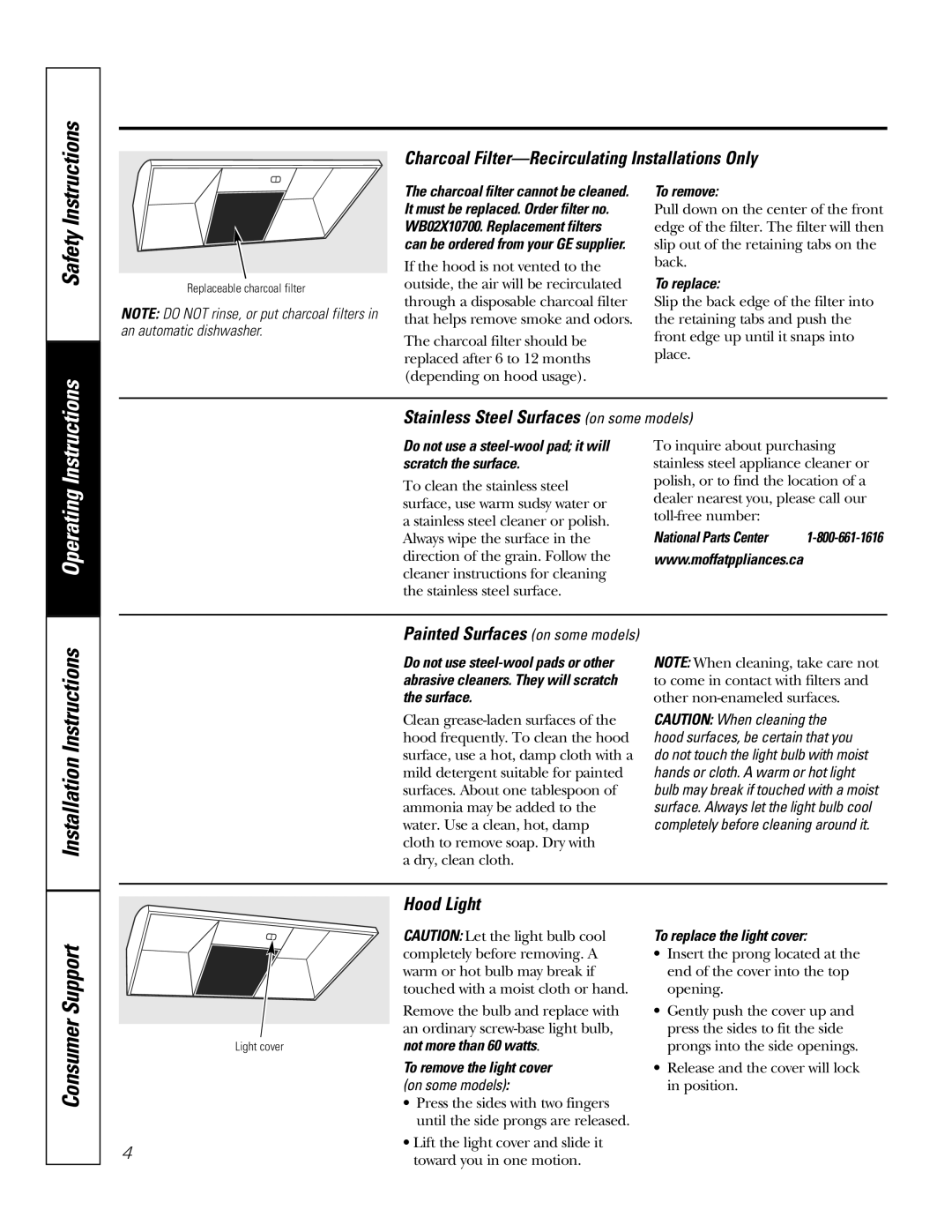 Moffat 350A4502P5661 owner manual Operating Instructions, Charcoal Filter-Recirculating Installations Only, Hood Light 