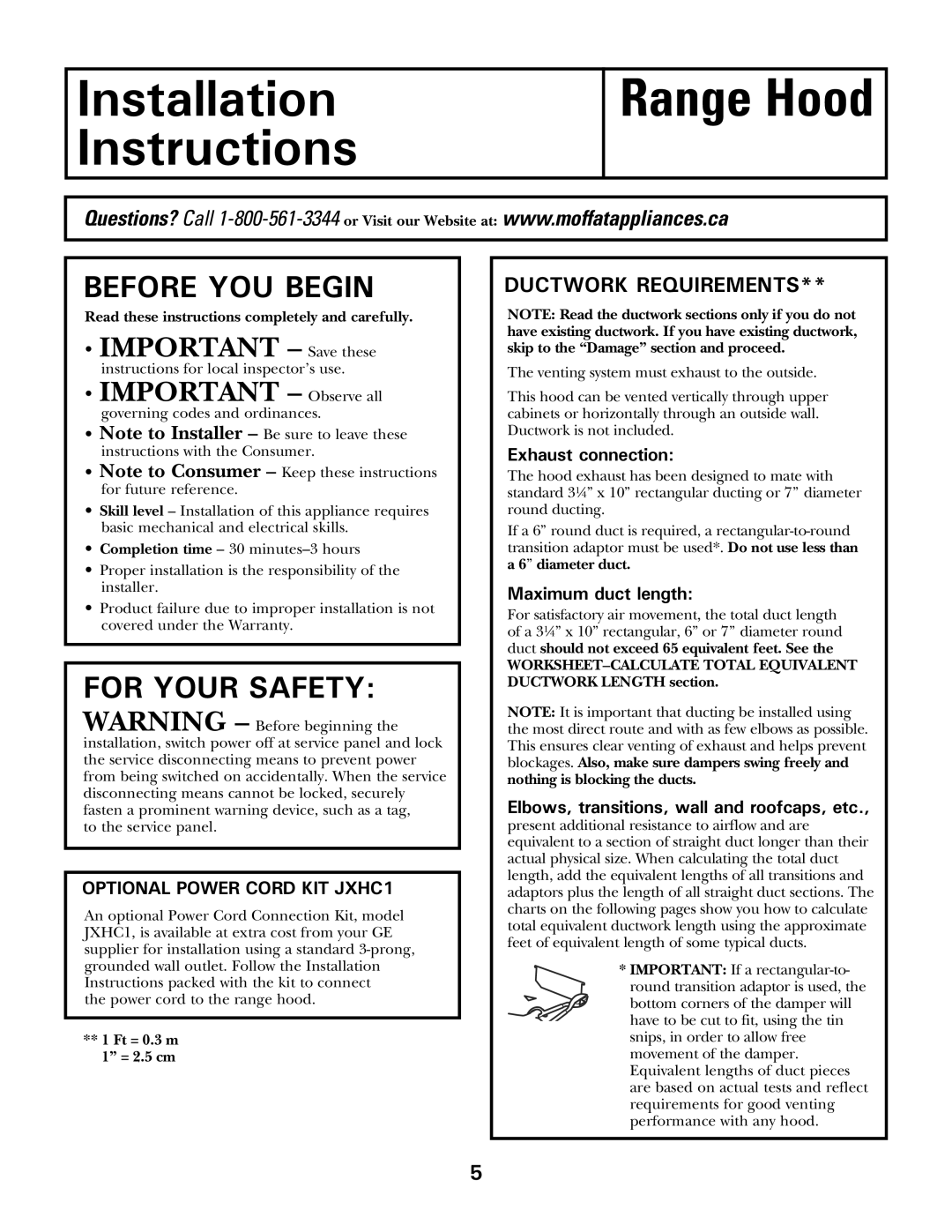 Moffat 350A4502P5661 owner manual Ductwork Requirements, Exhaust connection, Maximum duct length 