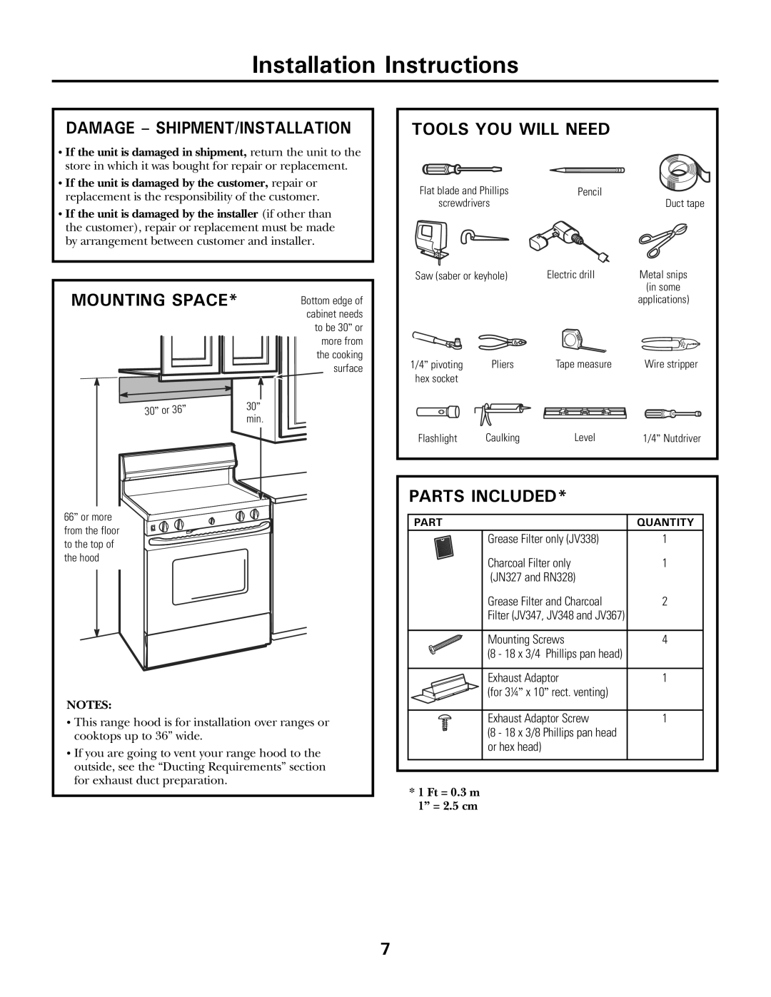 Moffat 350A4502P5661 owner manual Damage SHIPMENT/INSTALLATION, Mounting Space, Tools YOU will Need, Parts Included 