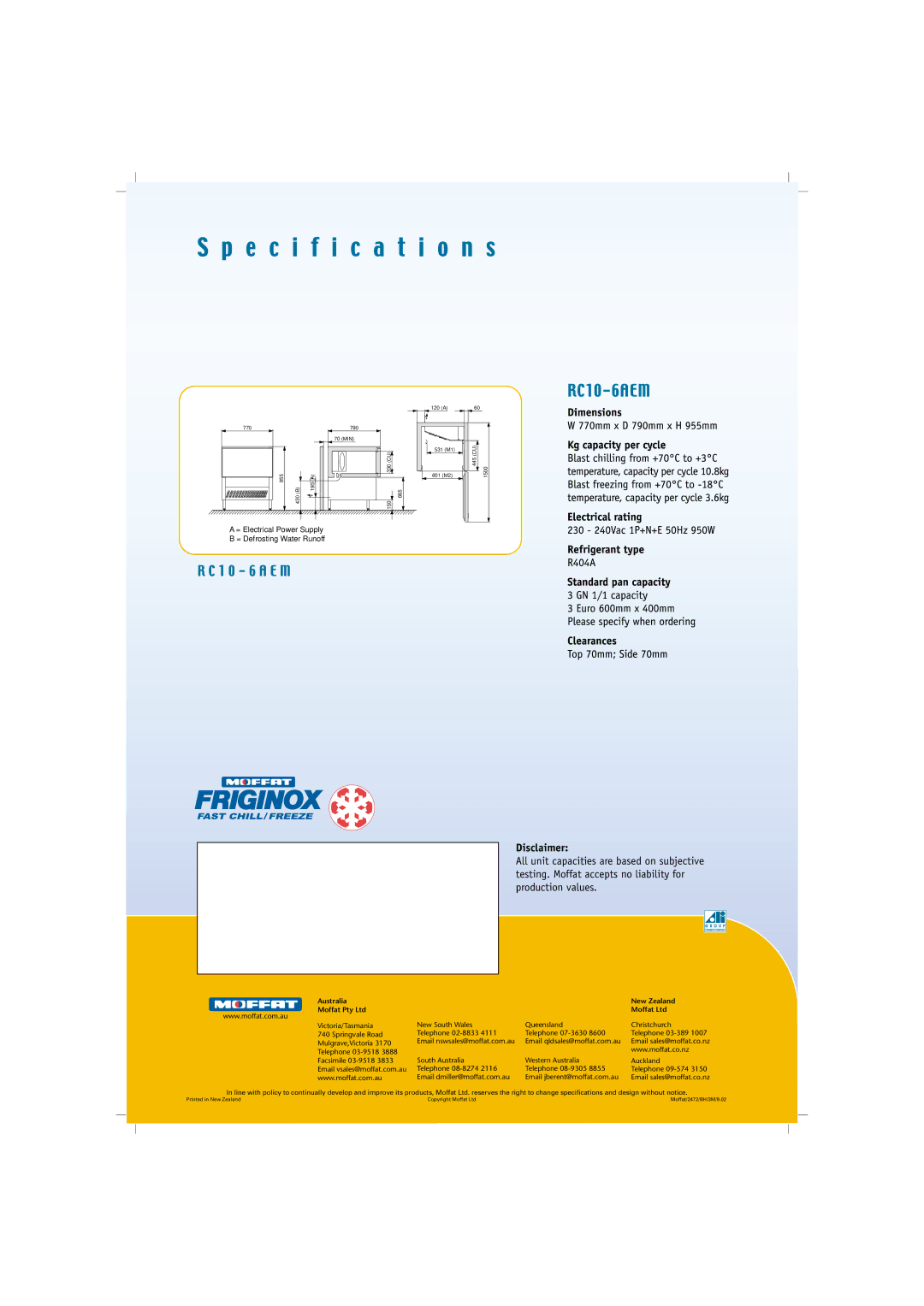 Moffat 6AEM, TSR-11B manual Disclaimer, Australia New Zealand 