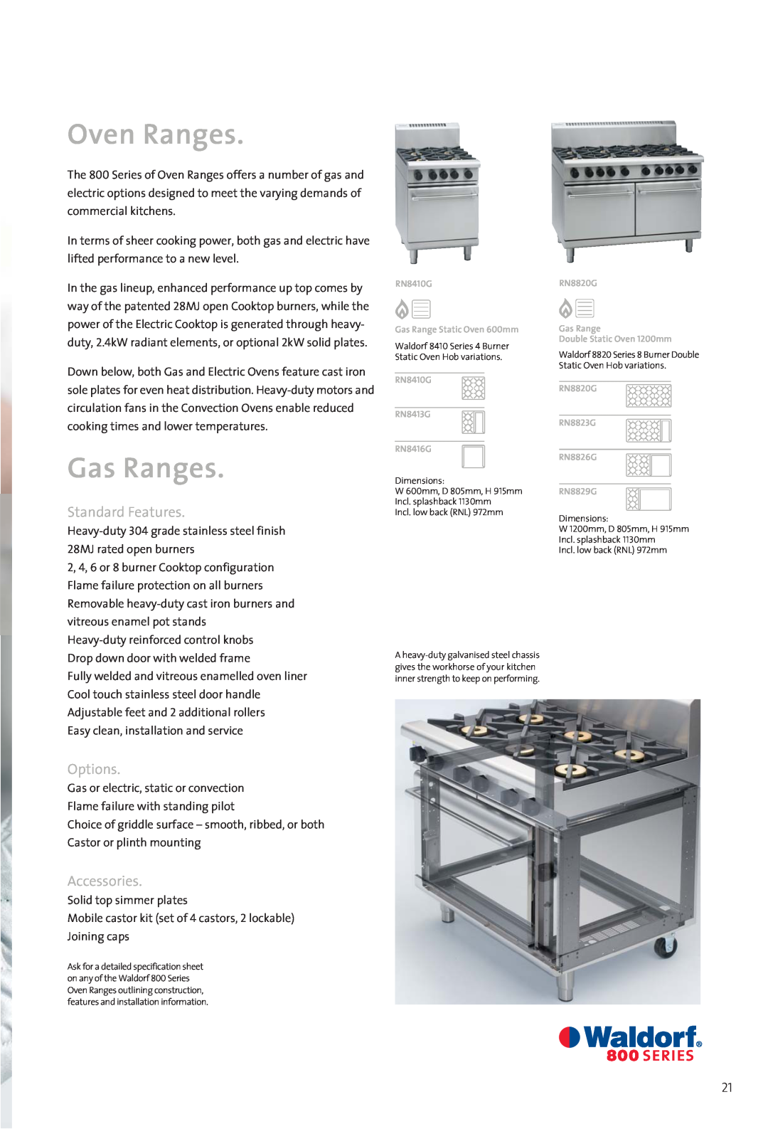 Moffat 800 manual Oven Ranges, Gas Ranges, Standard Features, Options, Accessories 