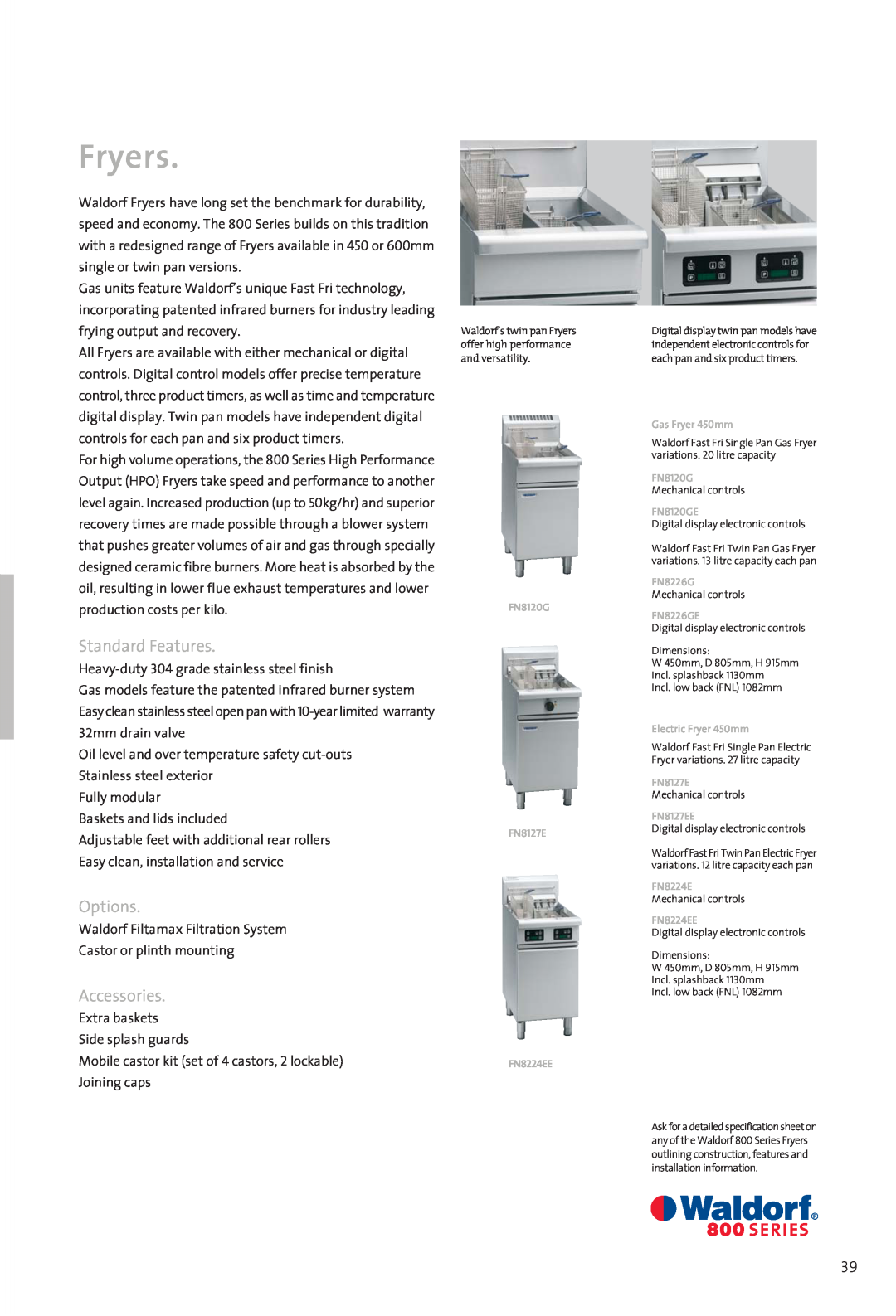 Moffat 800 manual Fryers, Standard Features, Options, Accessories 