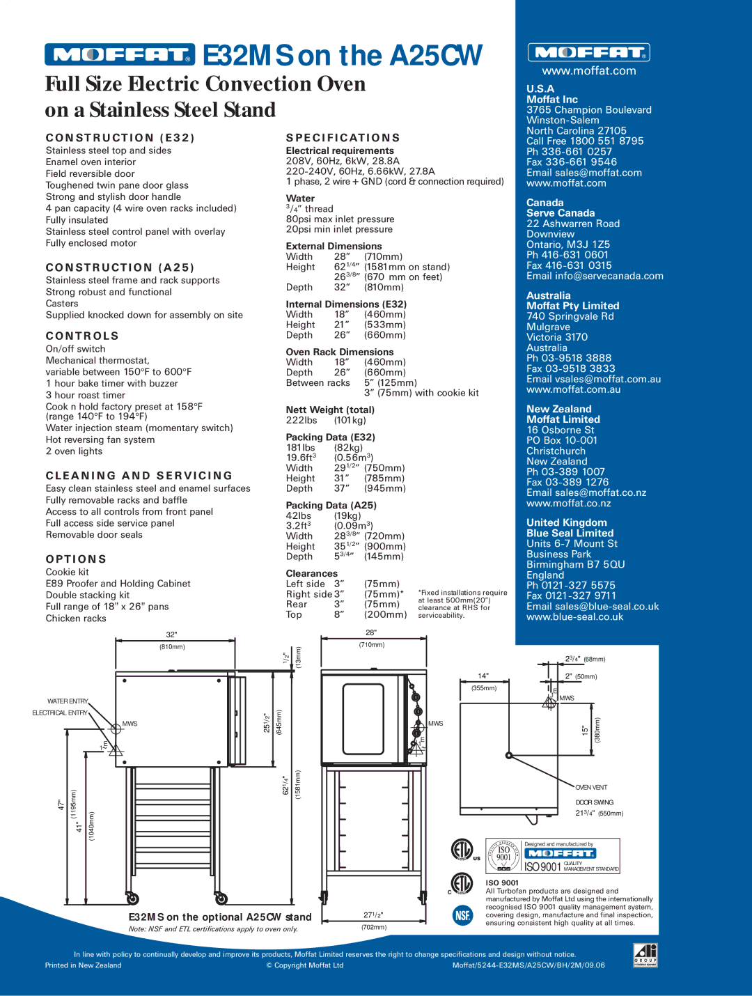 Moffat A25CW manual E C I F I C At I O N S, N T R O L S, E a N I N G a N D S E R V I C I N G, T I O N S 