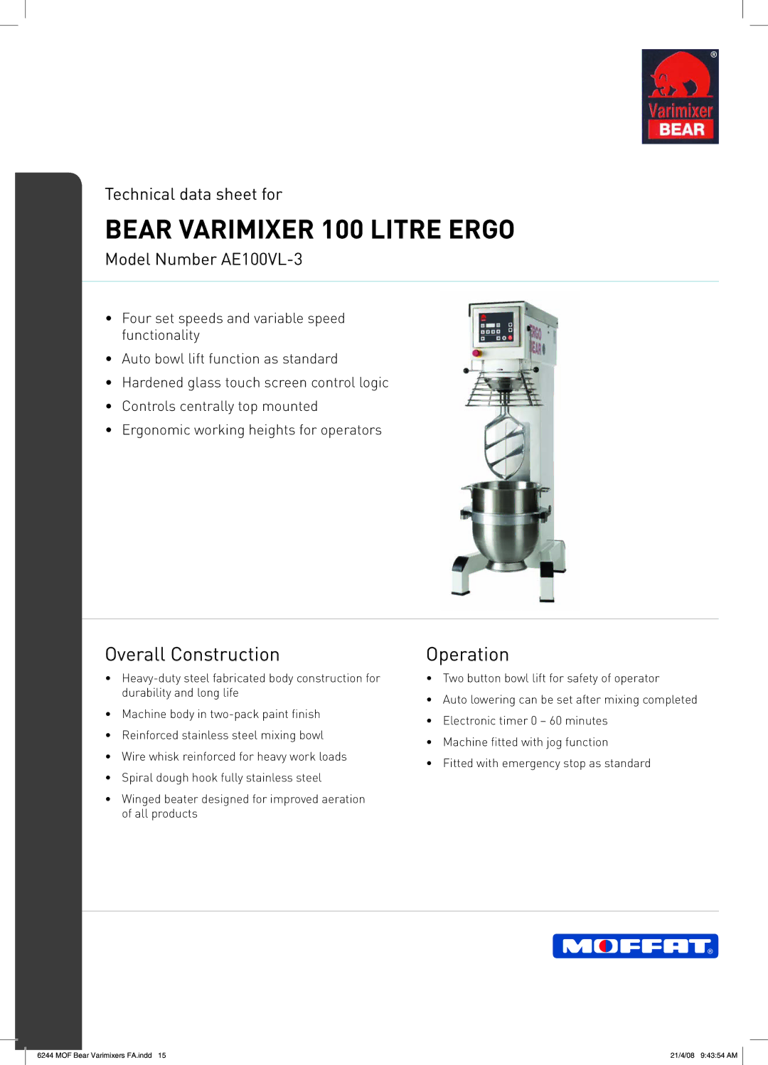 Moffat AE100VL-3 manual Bear Varimixer 100 Litre Ergo, Overall Construction, Operation, Technical data sheet for 