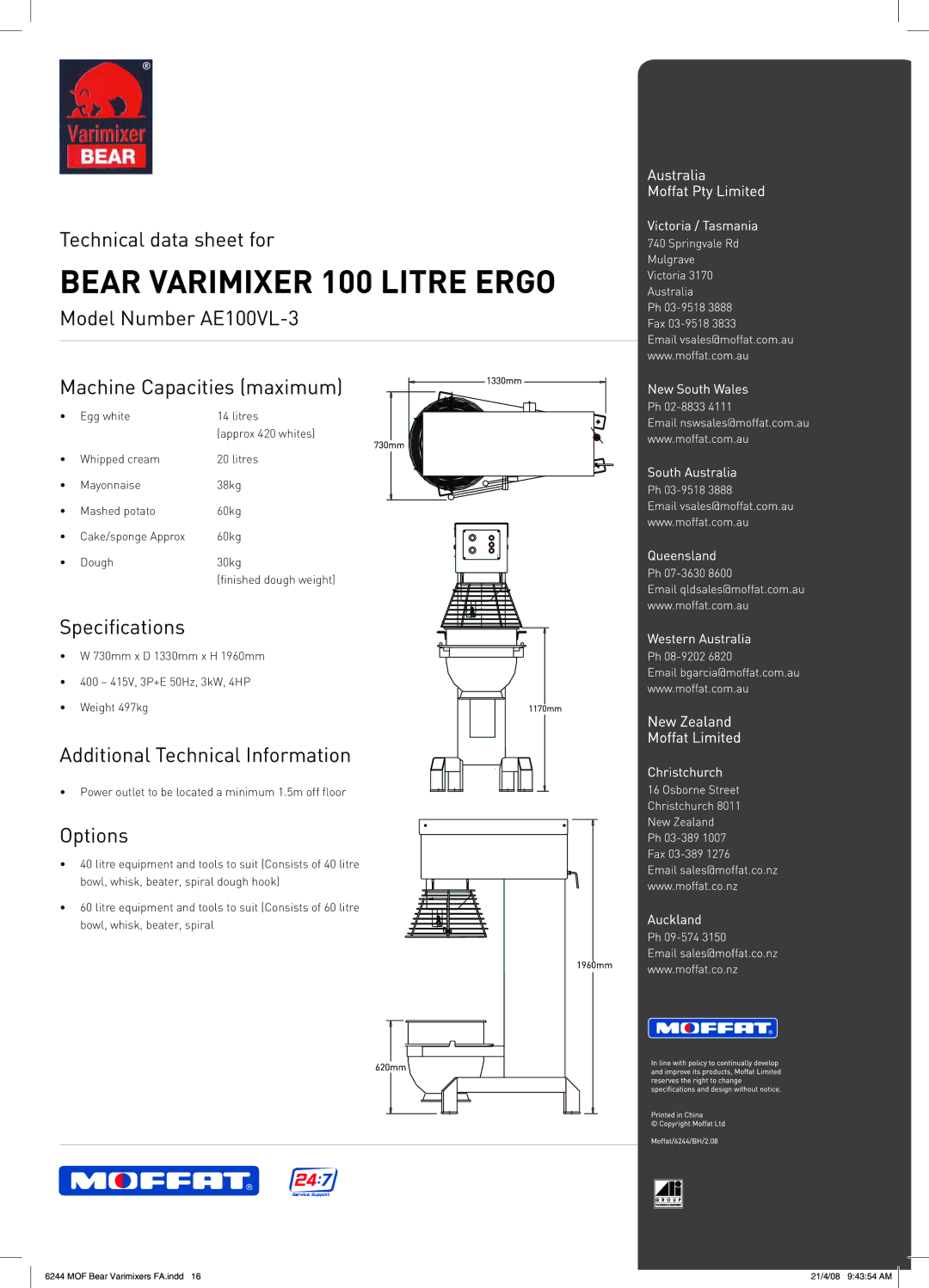 Moffat Model Number AE100VL-3 Machine Capacities maximum, Specifications, Additional Technical Information, Options 