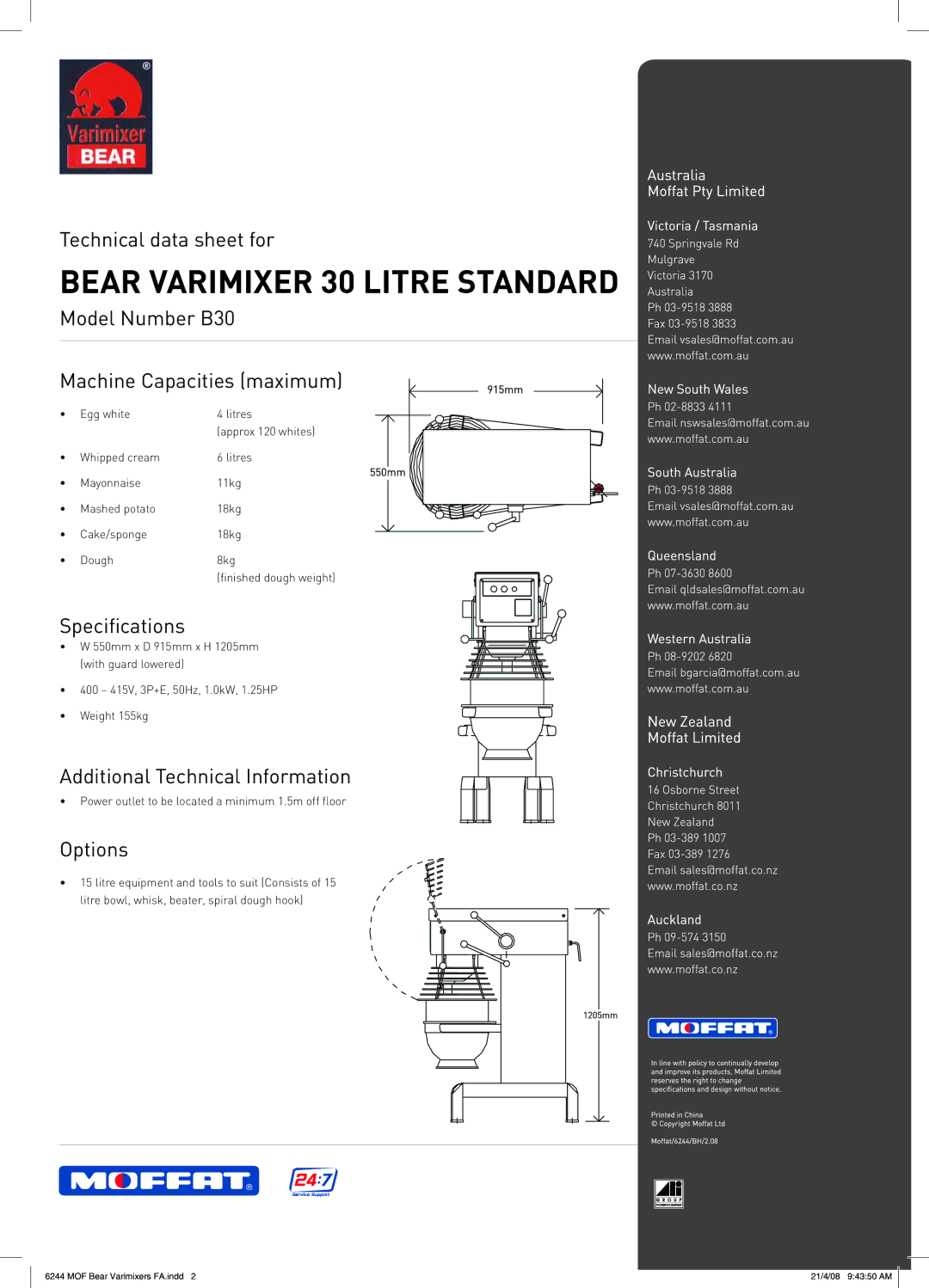 Moffat manual Model Number B30 Machine Capacities maximum, Specifications, Additional Technical Information, Options 