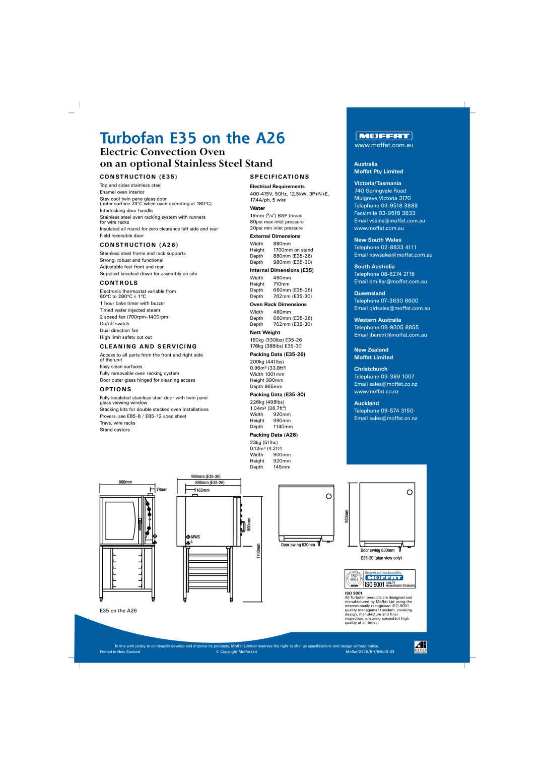 Moffat Bakbar E35 manual Ntr O Ls, LE a N I N G a N D S E RVI C I N G, Ti O N S, E C I F I Cati O N S 