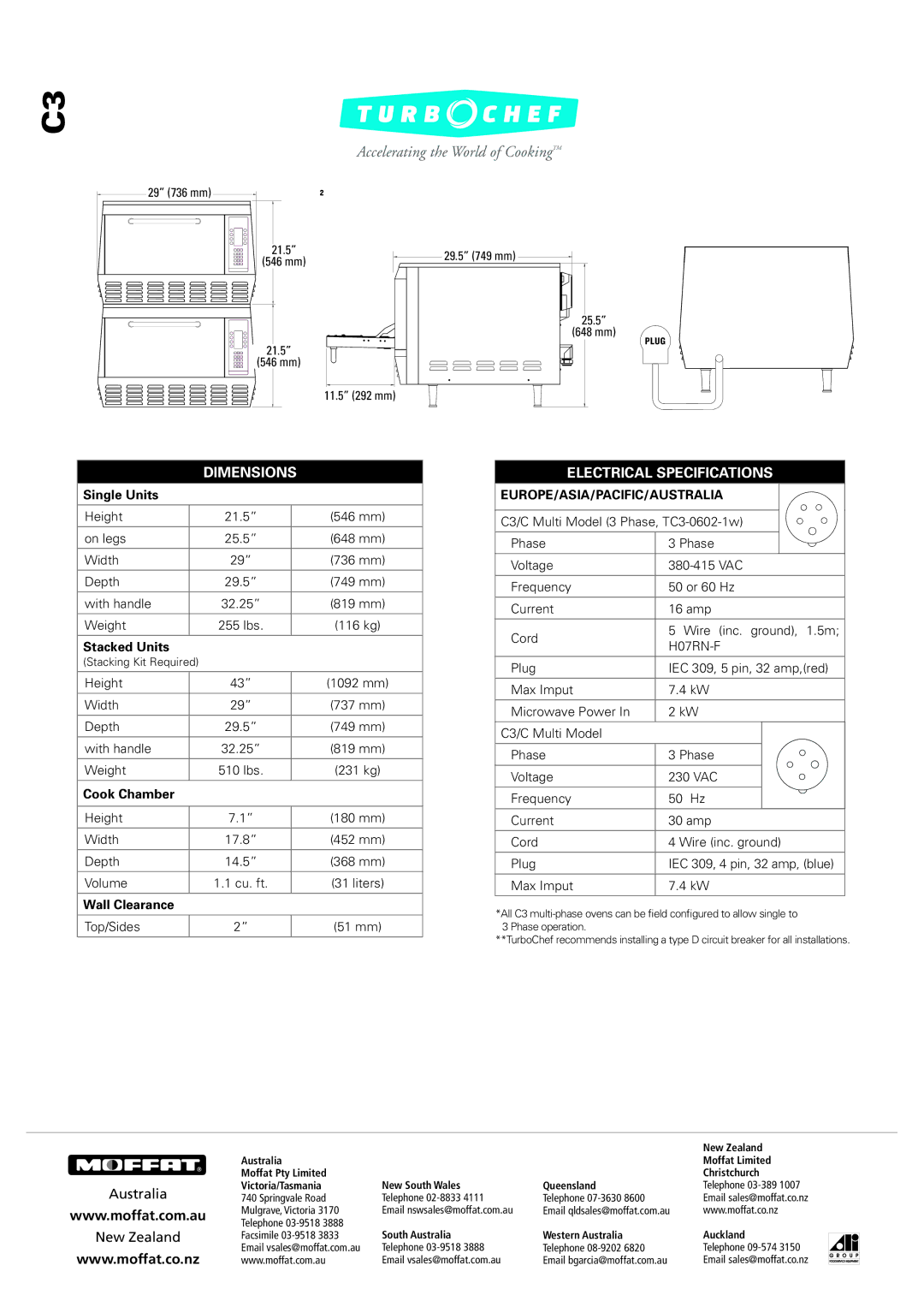 Moffat C3 manual Single Units, Stacked Units, Cook Chamber, Wall Clearance 