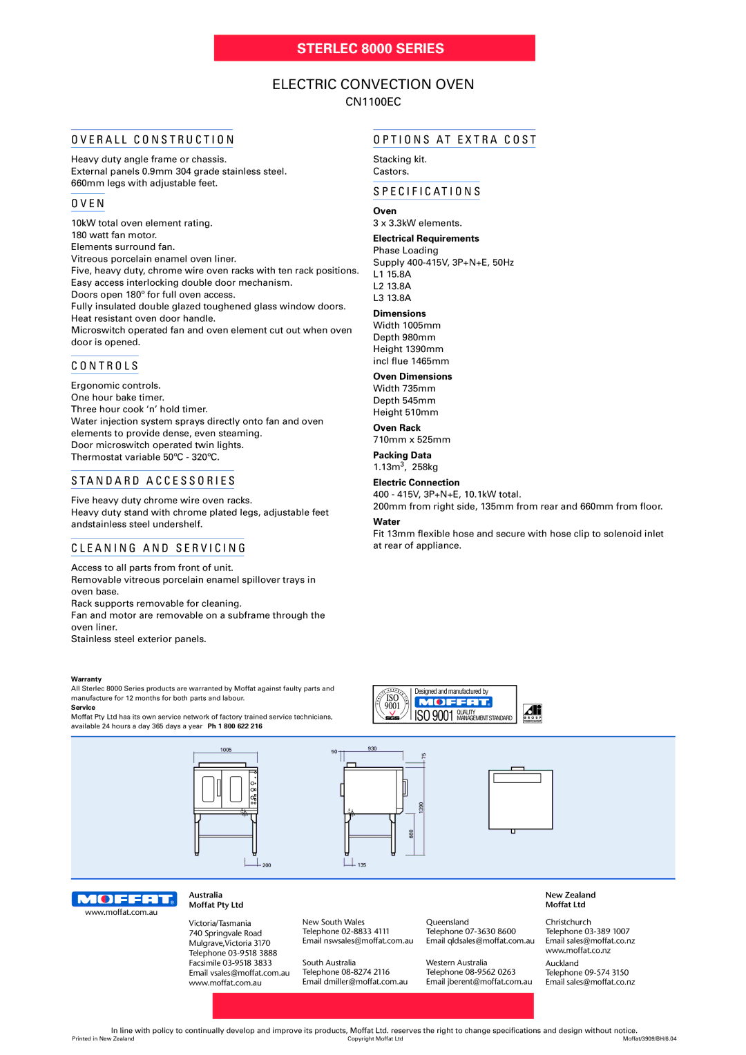 Moffat CN1100EC manual Electric Convection Oven, ISO 9001 Quality 