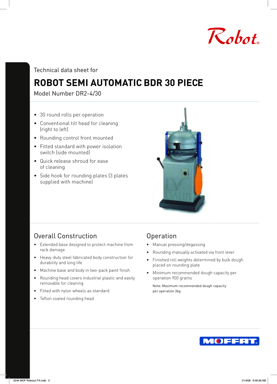 Moffat operation manual Robot Semi Automatic BDR 30 Piece, Overall Construction, Operation, Model Number DR2-4/30 