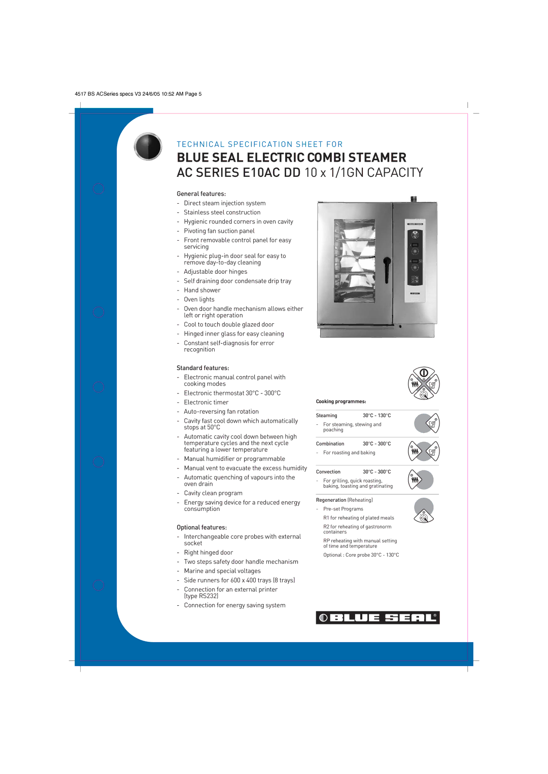 Moffat E10AC technical specifications Blue Seal Electric Combi Steamer, Cooking programmes 