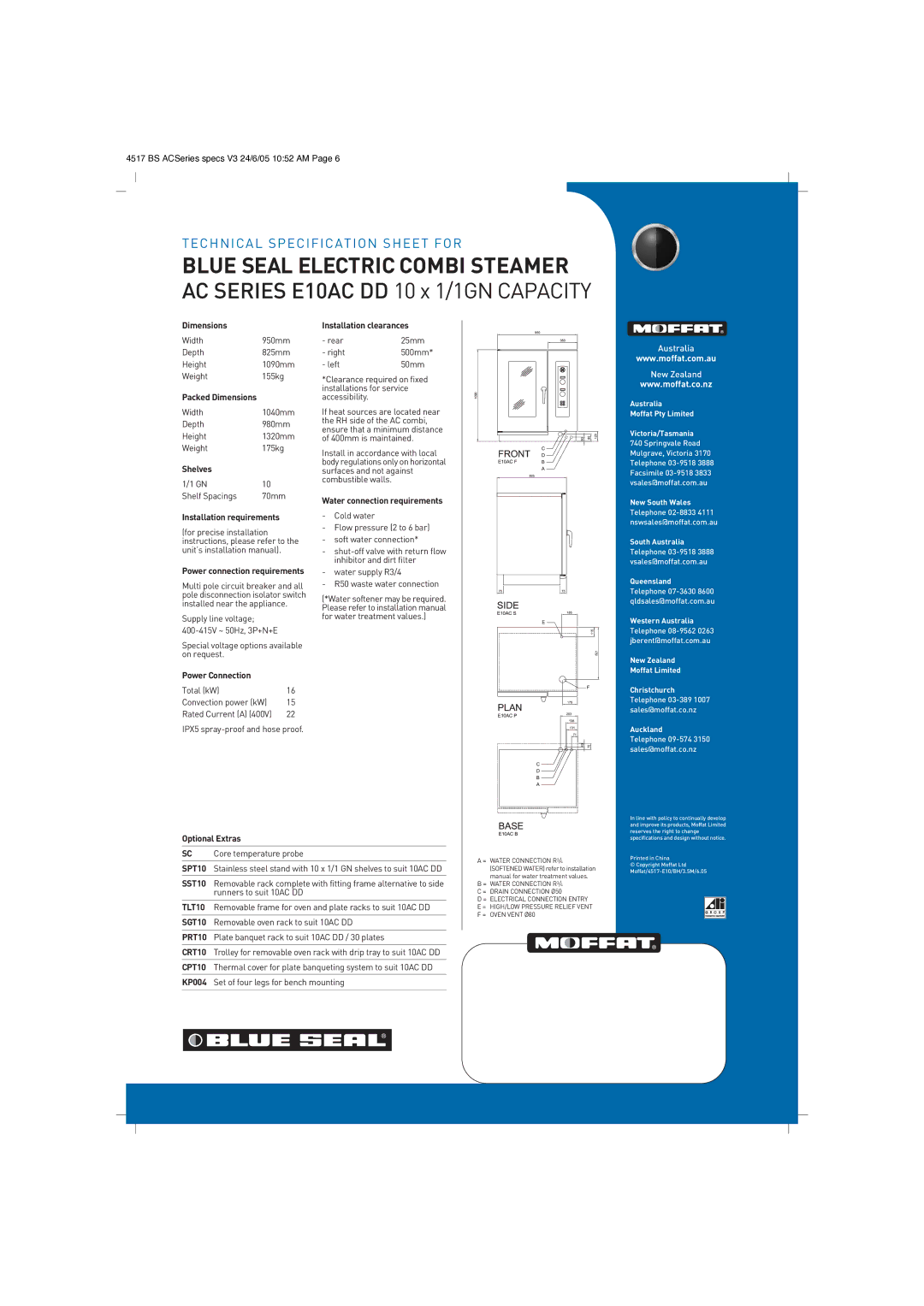 Moffat E10AC Dimensions, Shelves, Installation requirements, Installation clearances, Water connection requirements 