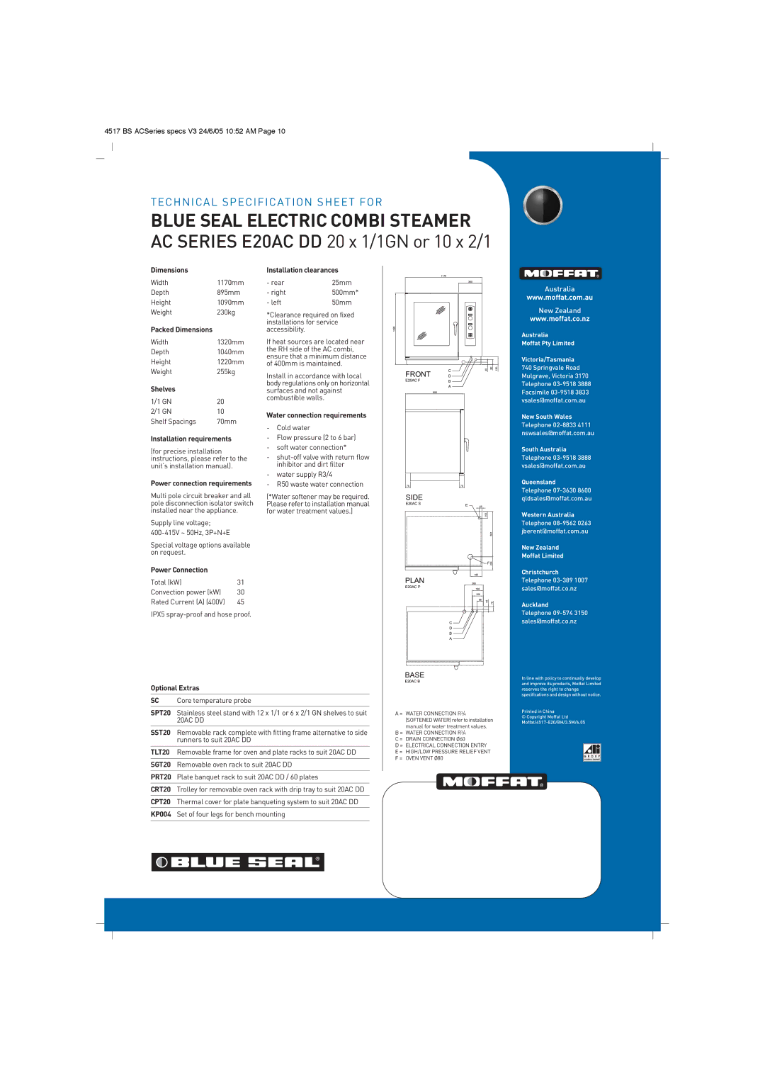 Moffat E20AC Dimensions, Shelves, Installation requirements, Installation clearances, Water connection requirements 