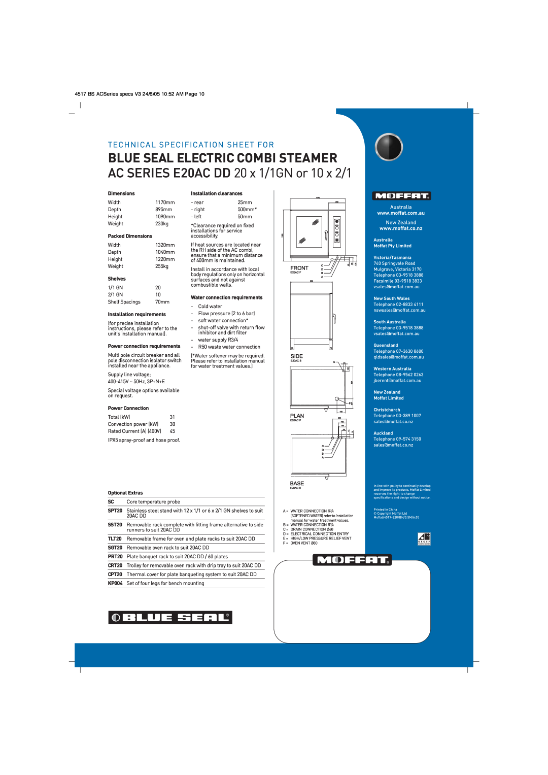 Moffat Blue Seal Electric Combi Steamer, AC SERIES E20AC DD 20 x 1/1GN or 10 x 2/1, Technical Specification Sheet For 
