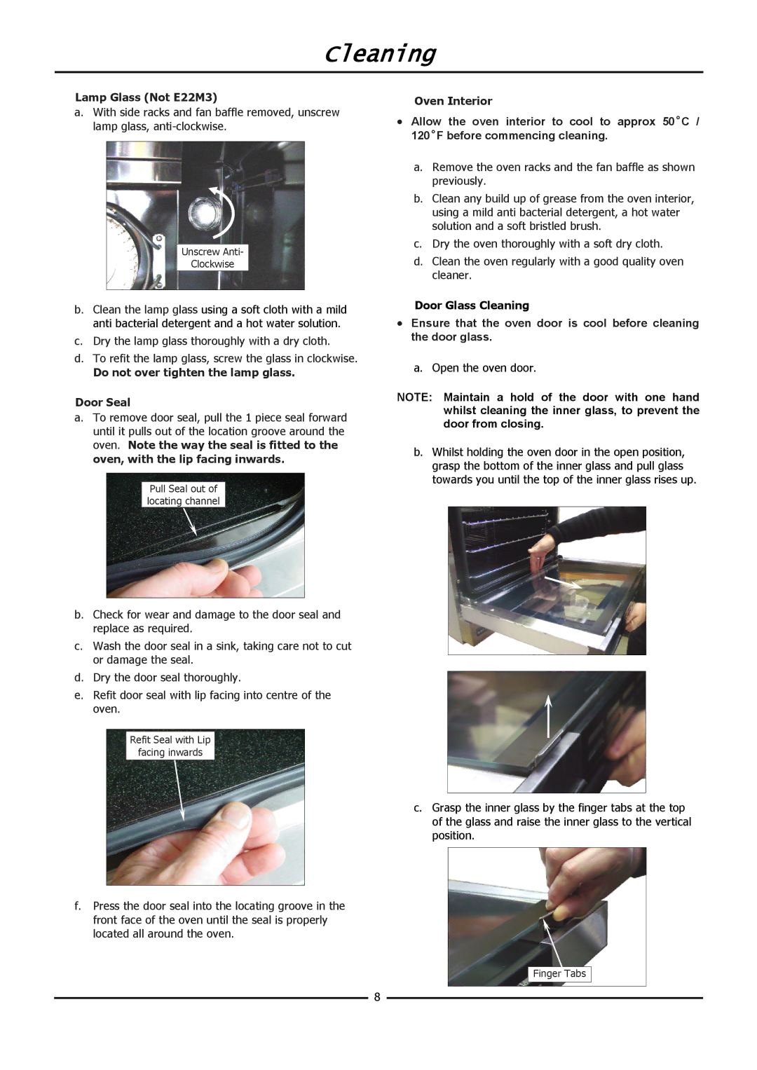 Moffat E20M Lamp Glass Not E22M3, Do not over tighten the lamp glass Door Seal, Oven Interior, Door Glass Cleaning 