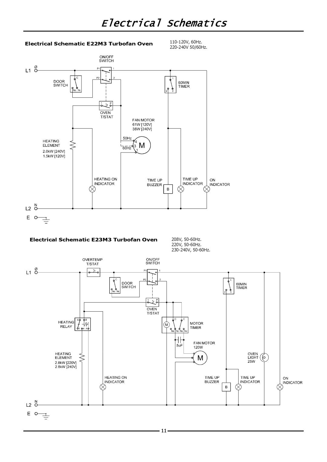 Moffat E20M Electrical Schematics, Electrical Schematic E22M3 Turbofan Oven, Electrical Schematic E23M3 Turbofan Oven 