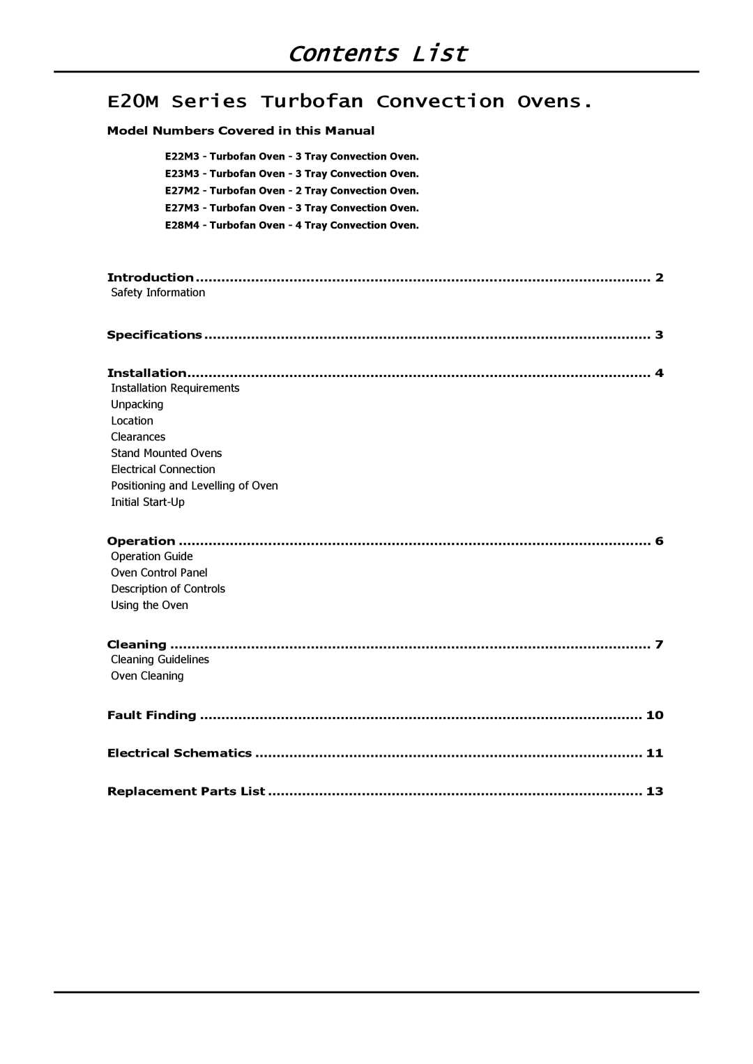 Moffat E20M operation manual Contents List 