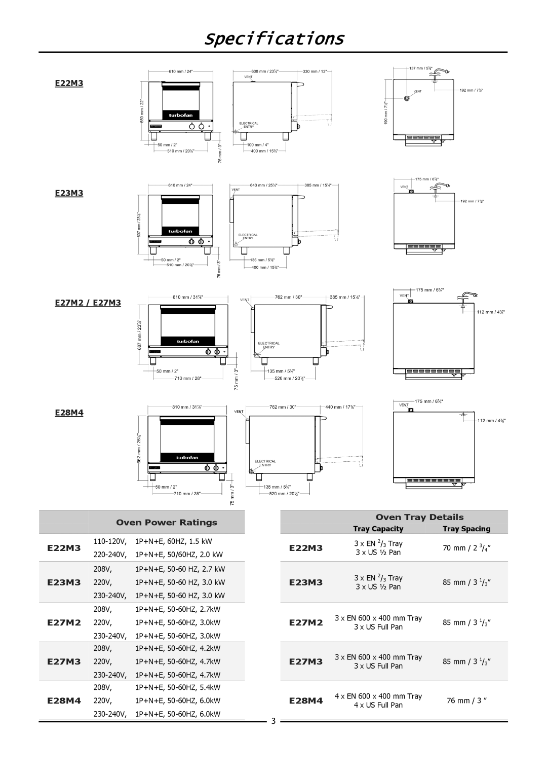 Moffat E20M operation manual Specifications 