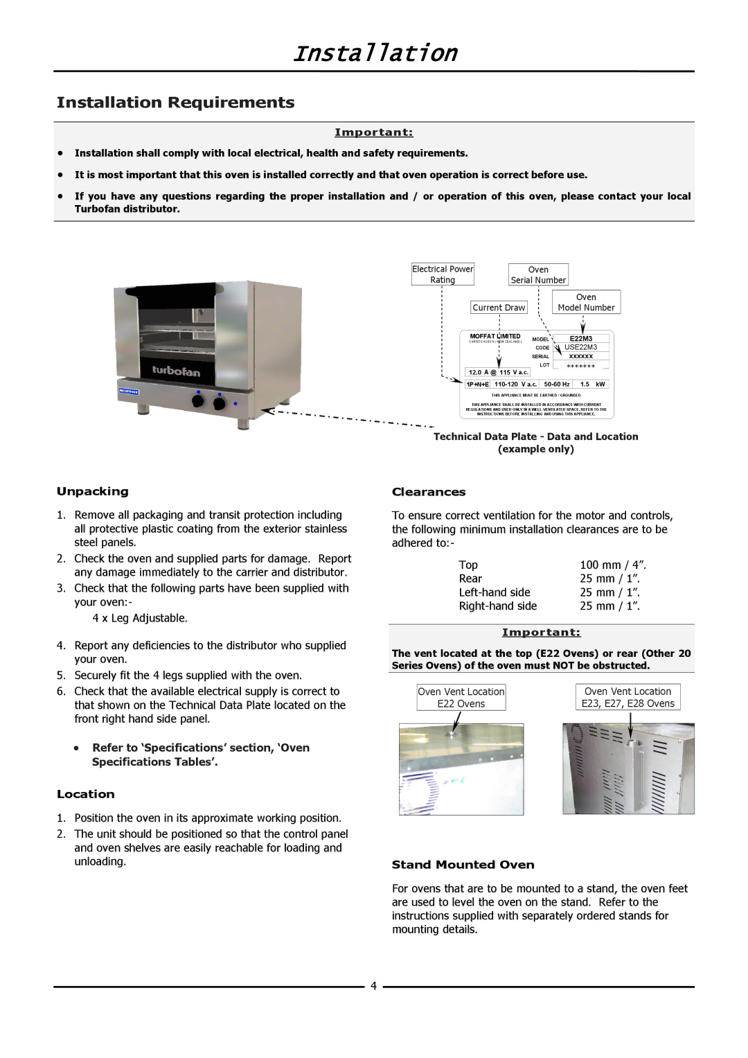 Moffat E20M operation manual Installation, Stand Mounted Oven 