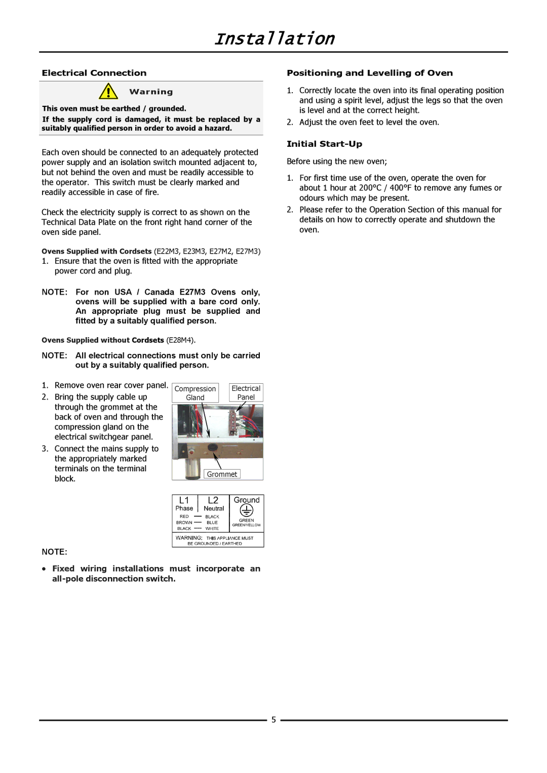 Moffat E20M operation manual Ovens Supplied with Cordsets E22M3, E23M3, E27M2, E27M3 