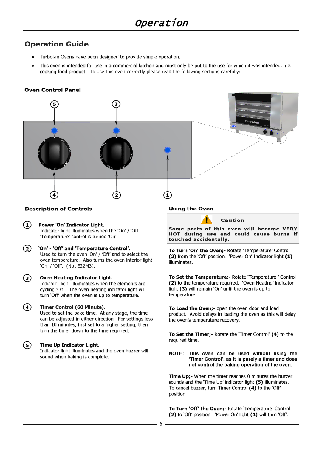 Moffat E20M Operation, ‘On’ ‘Off’ and ‘Temperature Control’, Oven Heating Indicator Light, Timer Control 60 Minute 