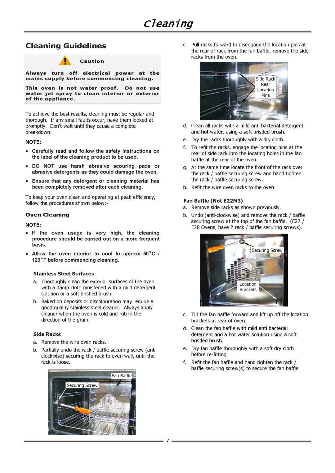 Moffat E20M operation manual Oven Cleaning, Stainless Steel Surfaces, Side Racks, Fan Baffle Not E22M3 