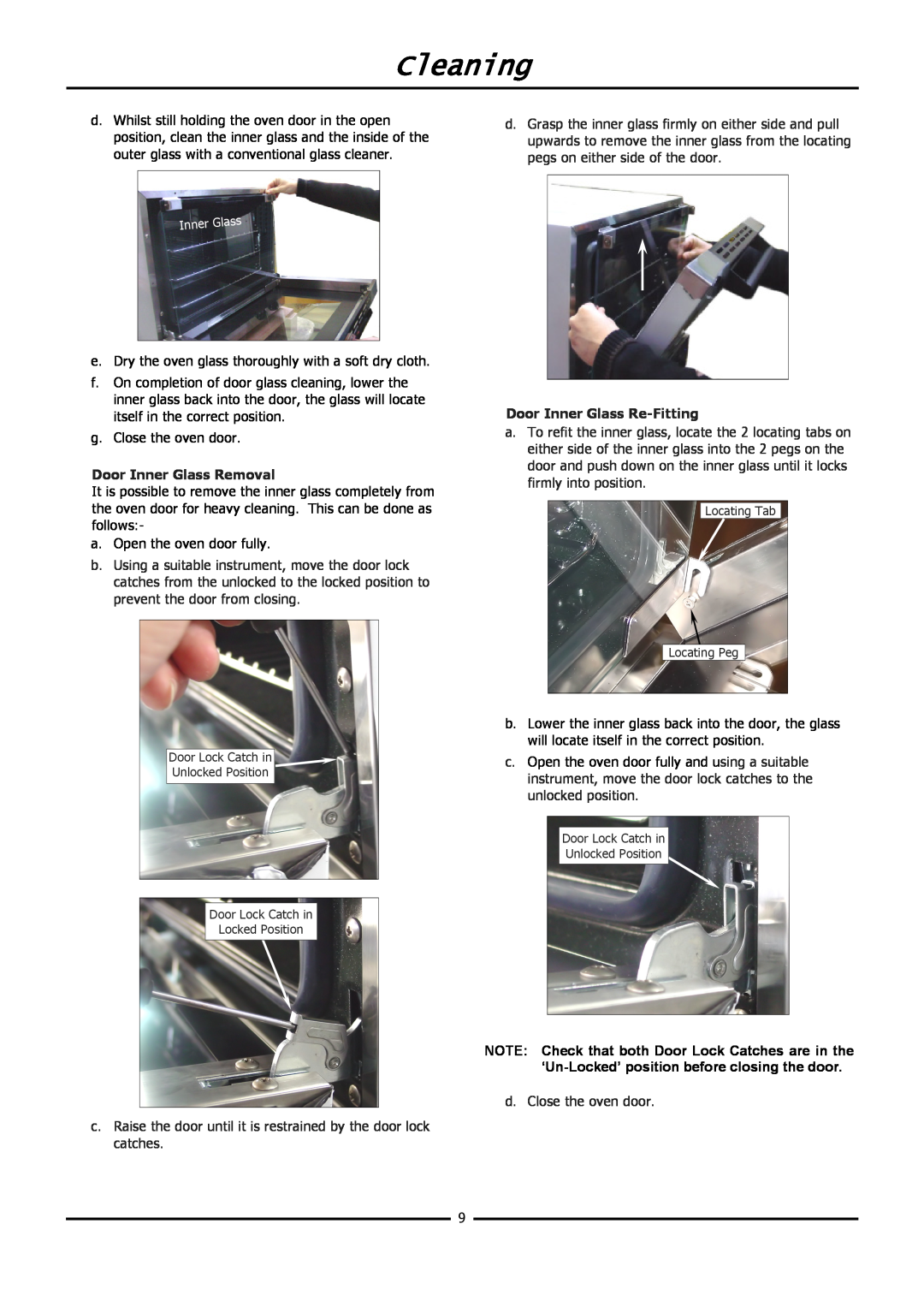 Moffat E20M operation manual Cleaning, Door Inner Glass Removal, Door Inner Glass Re-Fitting 