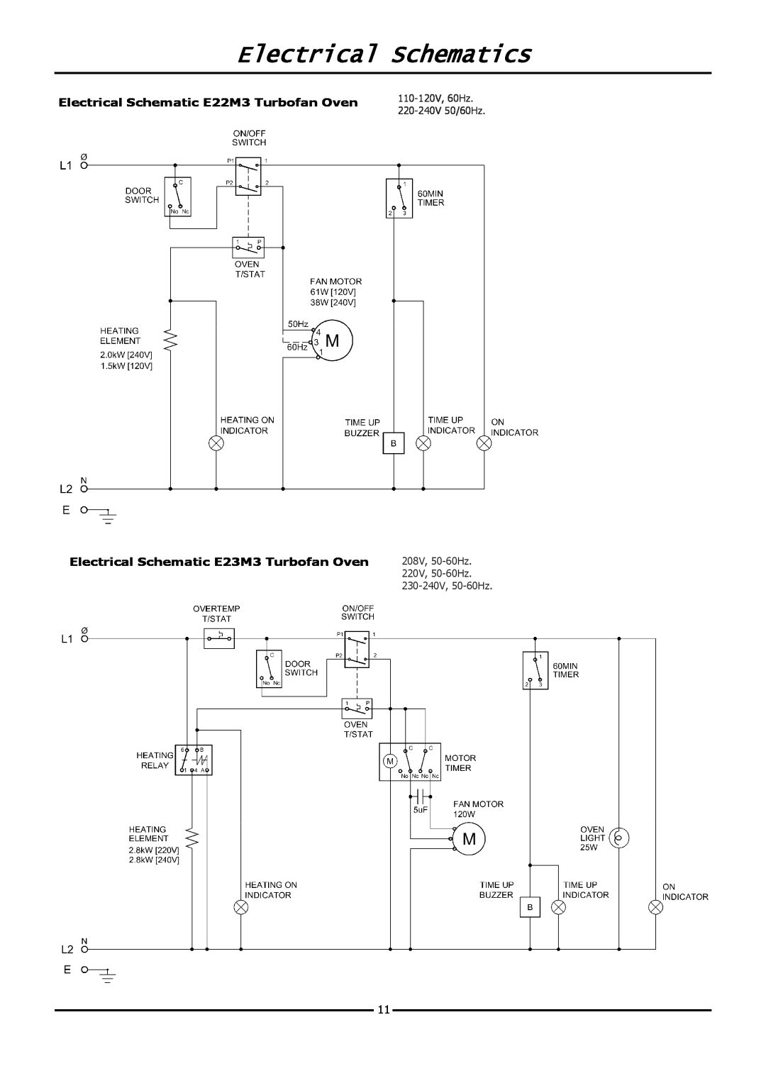 Moffat E20M Electrical Schematics, 110-120V,60Hz, 220-240V50/60Hz, 208V, 50-60Hz, 220V, 50-60Hz, 230-240V, 50-60Hz 
