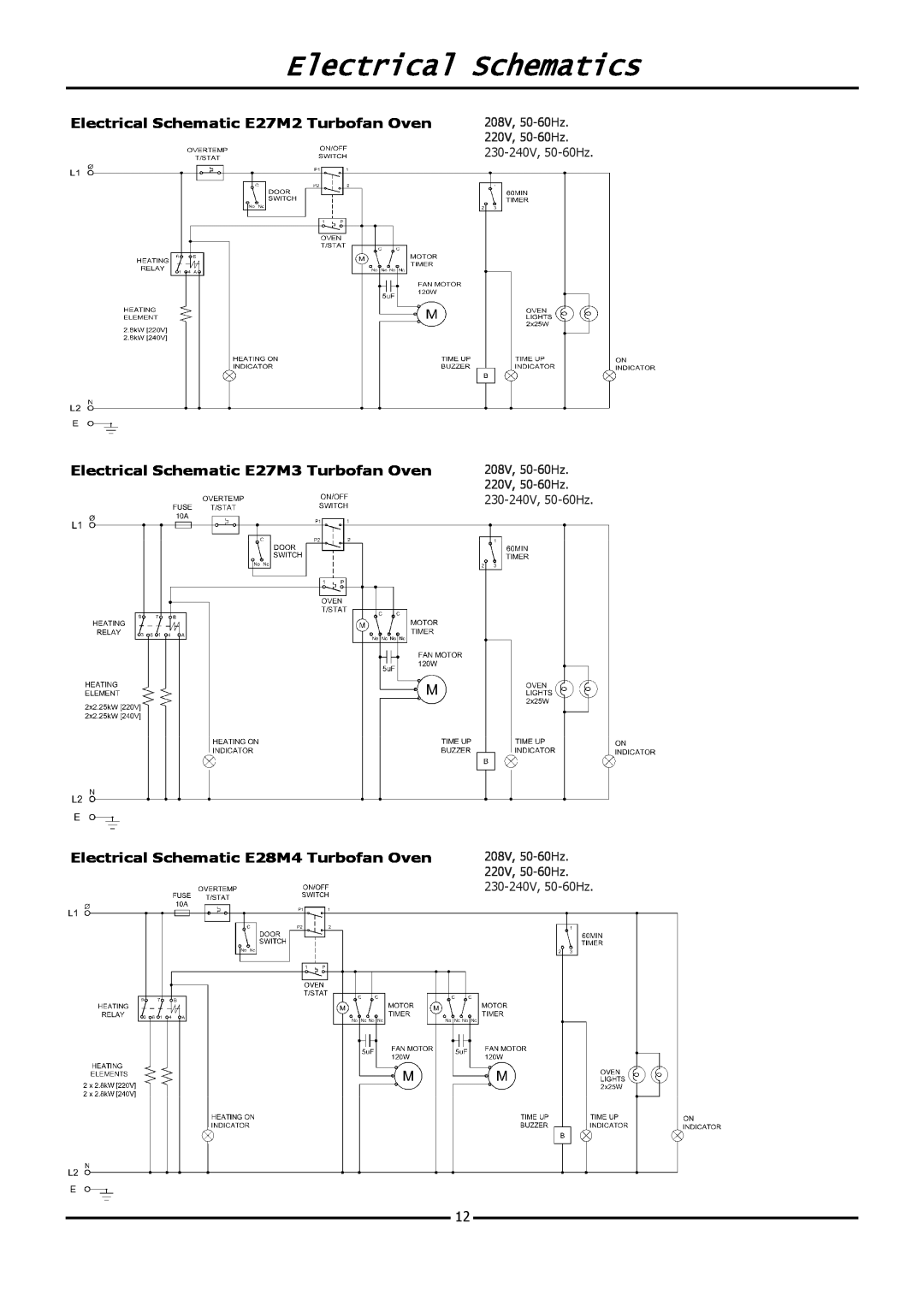 Moffat E20M operation manual Electrical Schematics, 208V, 50-60Hz, 220V, 50-60Hz, 230-240V, 50-60Hz 