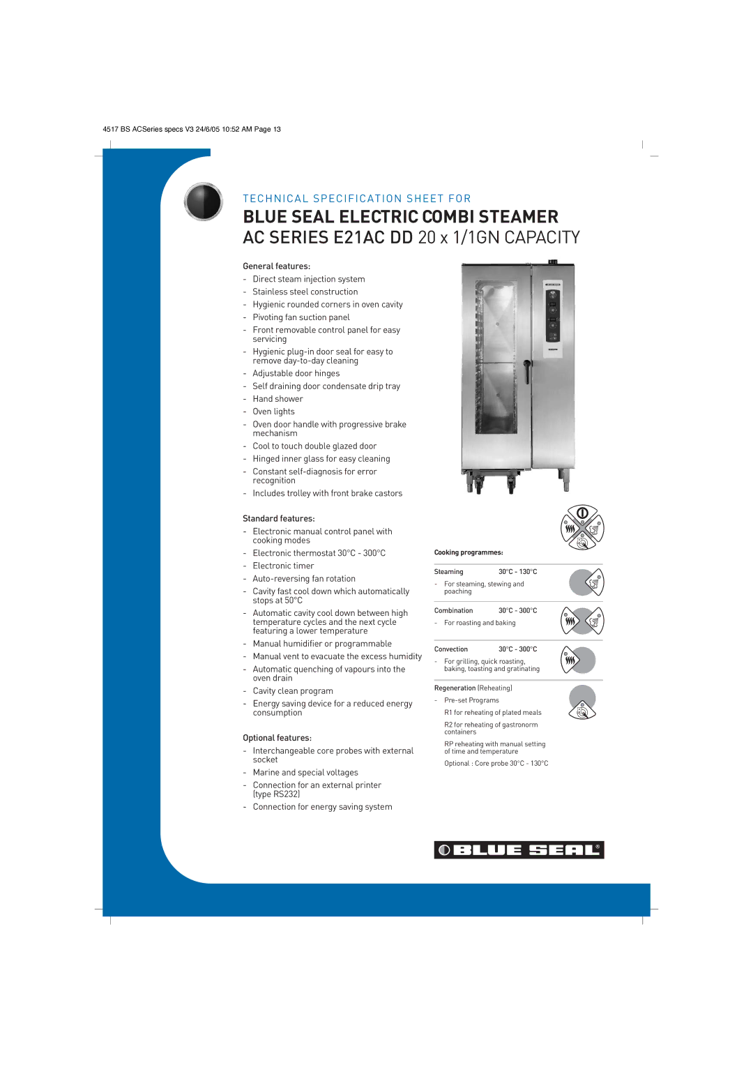 Moffat E21AC DD technical specifications Blue Seal Electric Combi Steamer, Cooking programmes 