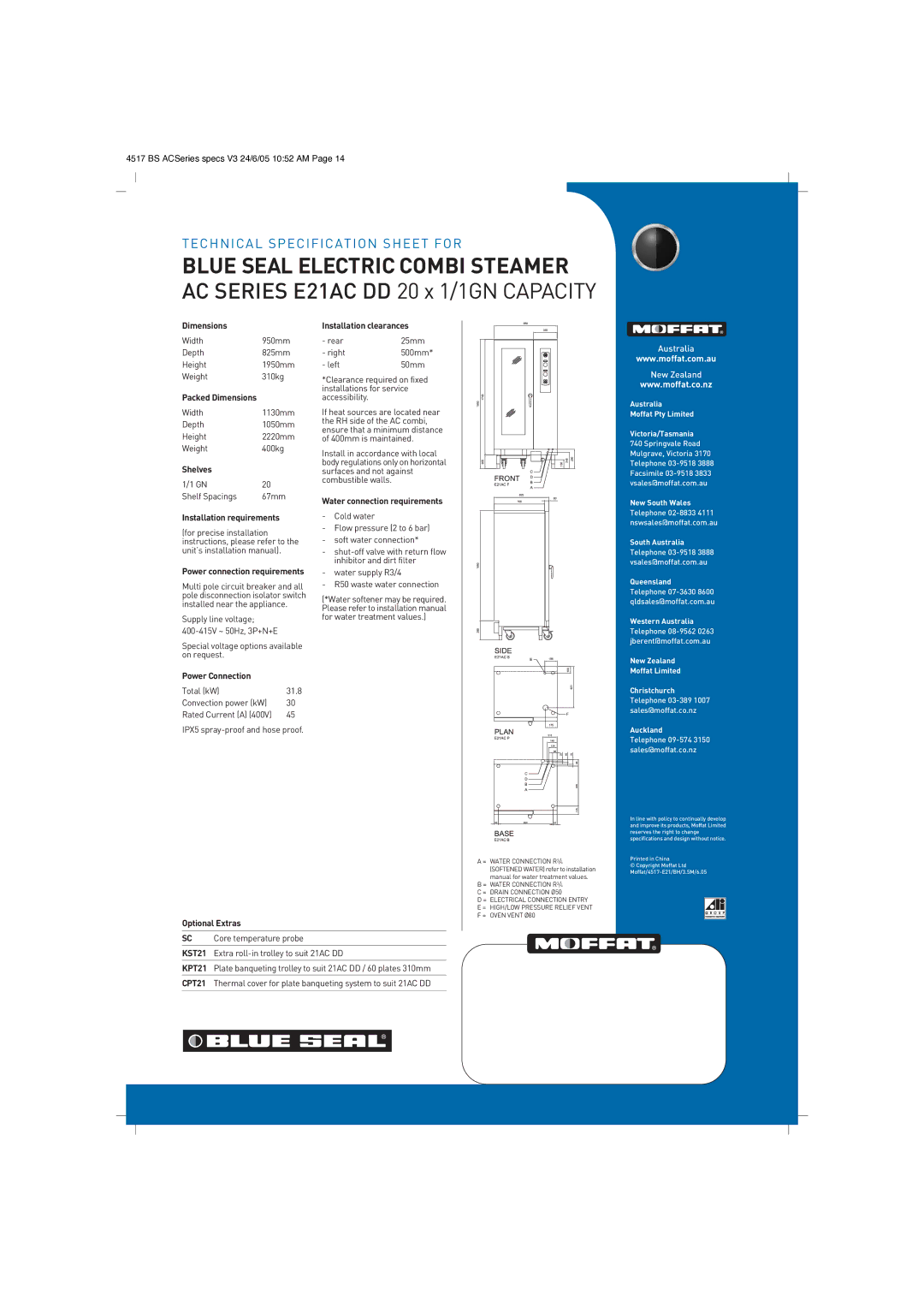 Moffat E21AC DD Dimensions, Shelves, Installation requirements, Power Connection, Installation clearances, Optional Extras 