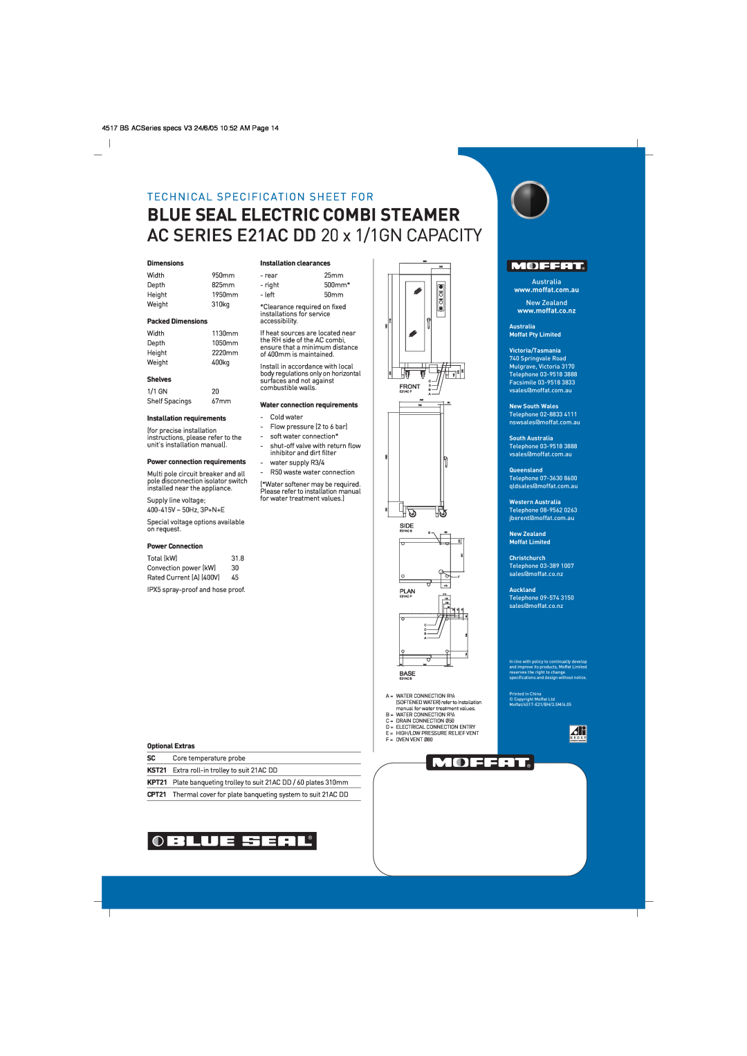 Moffat Blue Seal Electric Combi Steamer, AC SERIES E21AC DD 20 x 1/1GN CAPACITY, Technical Specification Sheet For 