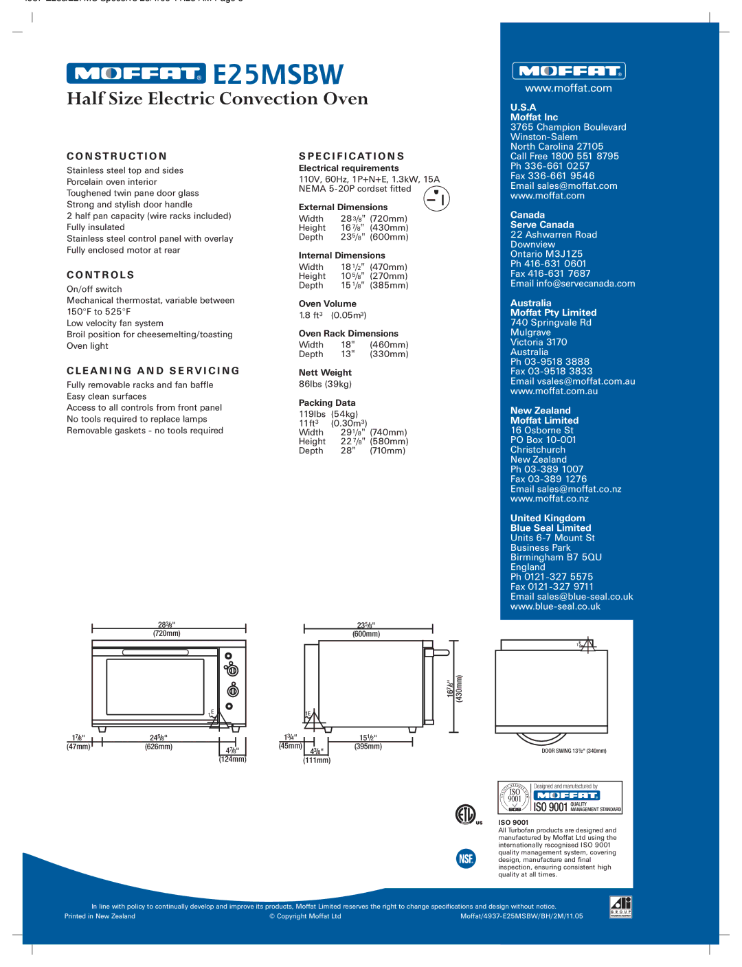 Moffat E25MSBW manual N S T R U C T I O N, N T R O L S, E a N I N G a N D S E R V I C I N G, E C I F I C At I O N S 