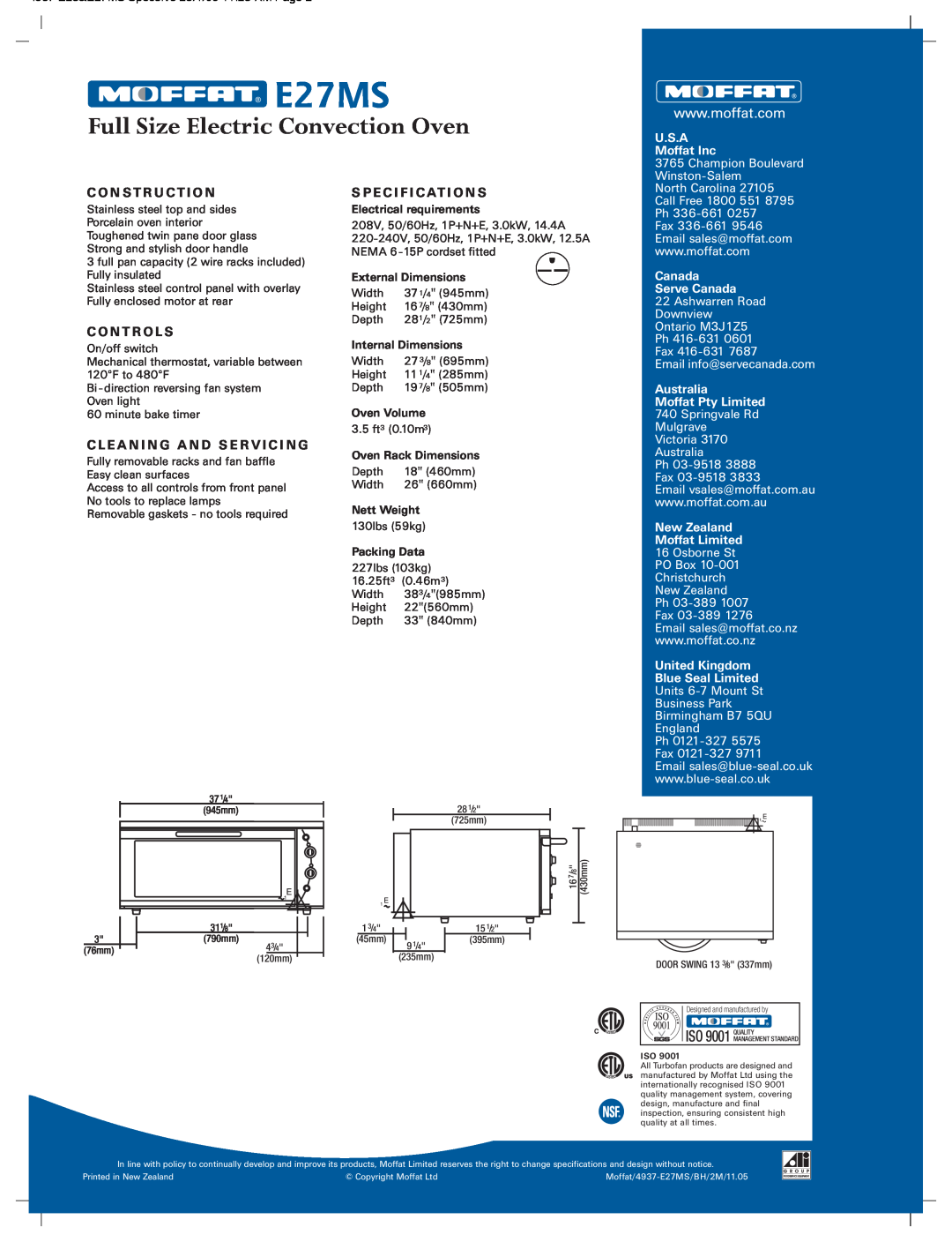 Moffat E27MS manual Electrical requirements, External Dimensions, Internal Dimensions, Oven Volume, Oven Rack Dimensions 