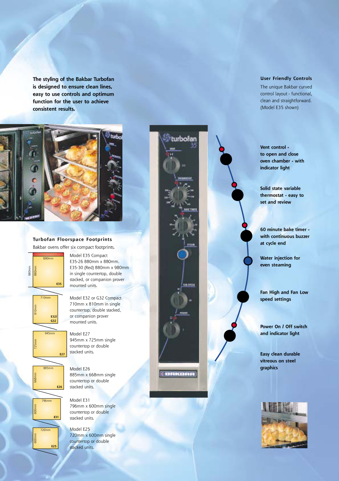 Moffat G32, E31, E25 Turbofan Floorspace Footprints, User Friendly Controls, Fan High and Fan Low speed settings, Graphics 