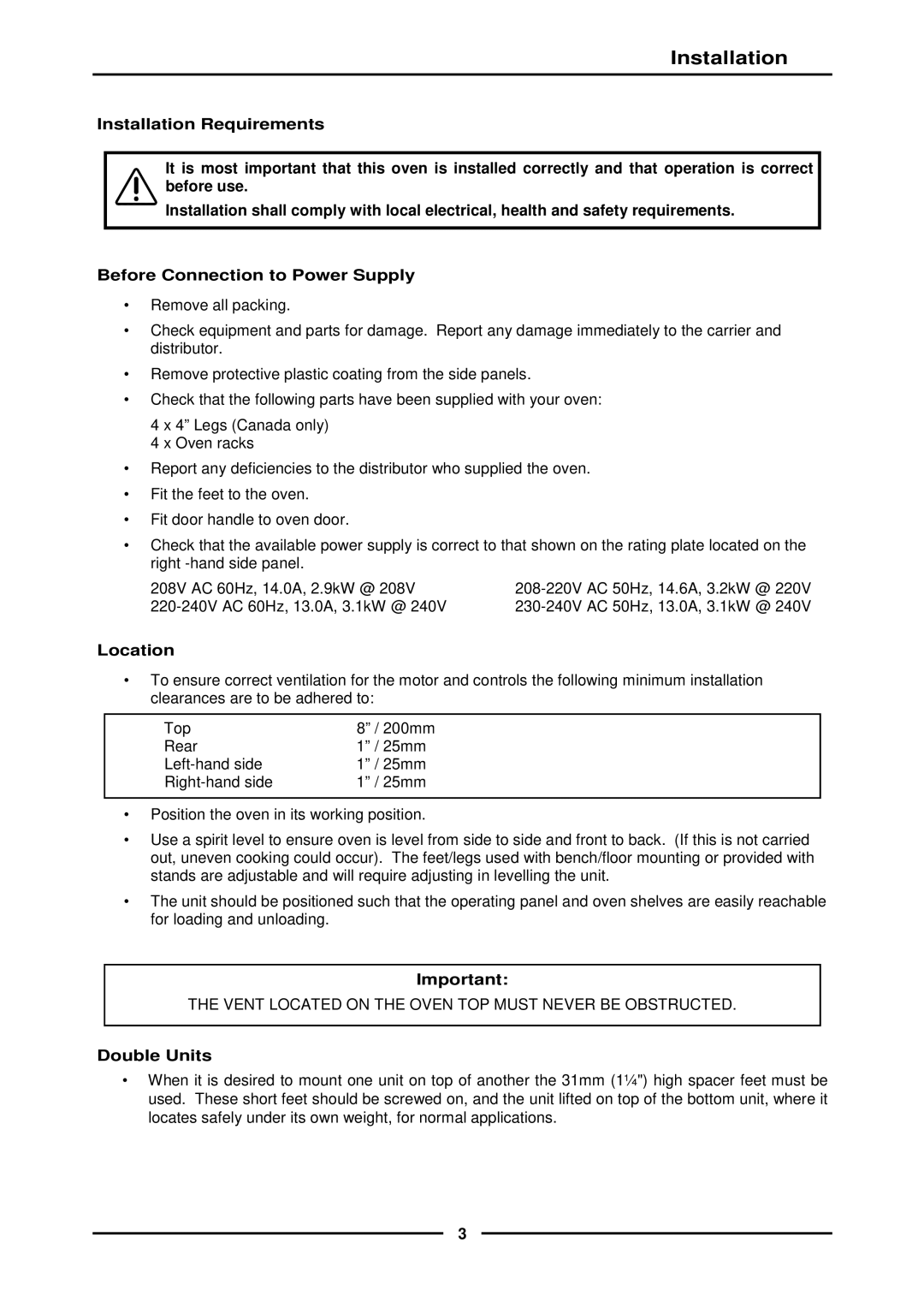 Moffat E311MS operation manual Installation, Location, Double Units 