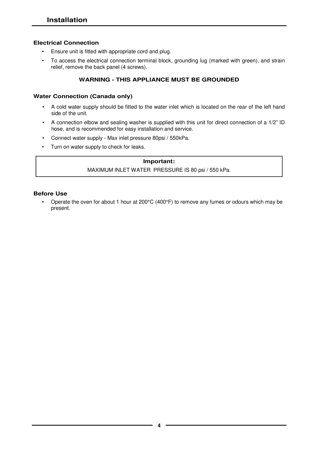 Moffat E311MS operation manual Electrical Connection, Water Connection Canada only, Before Use 