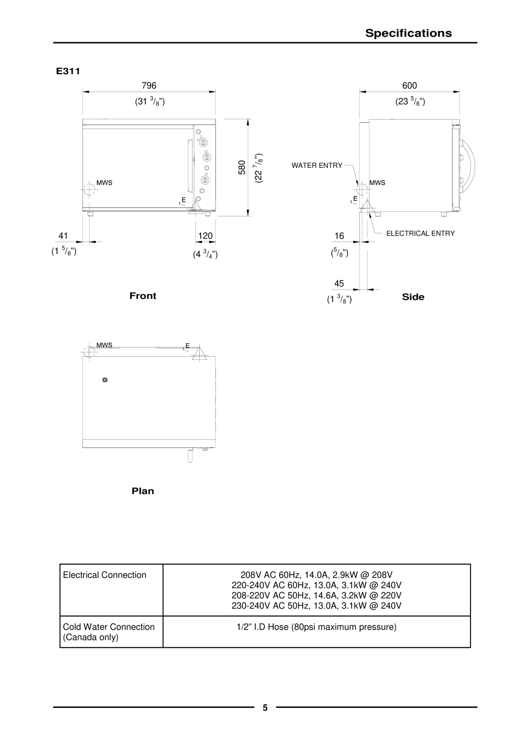 Moffat E311MS operation manual Specifications, Front, Side, Plan 