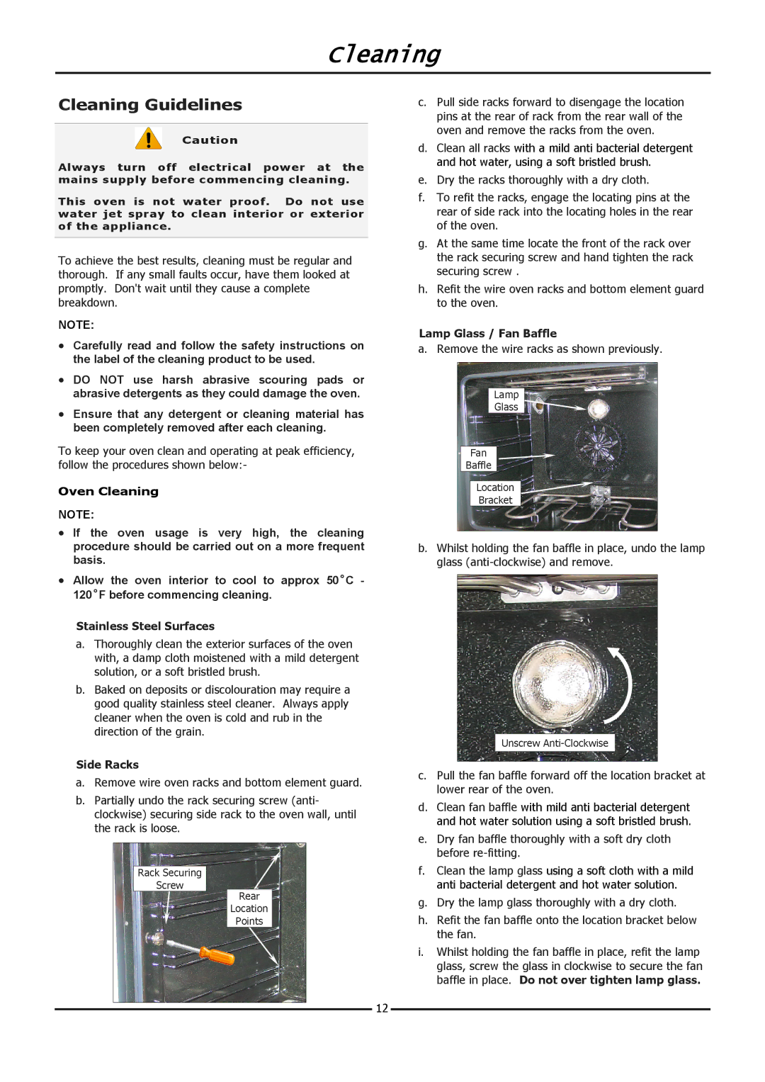 Moffat E31D4 operation manual Cleaning Guidelines, Stainless Steel Surfaces, Side Racks, Lamp Glass / Fan Baffle 