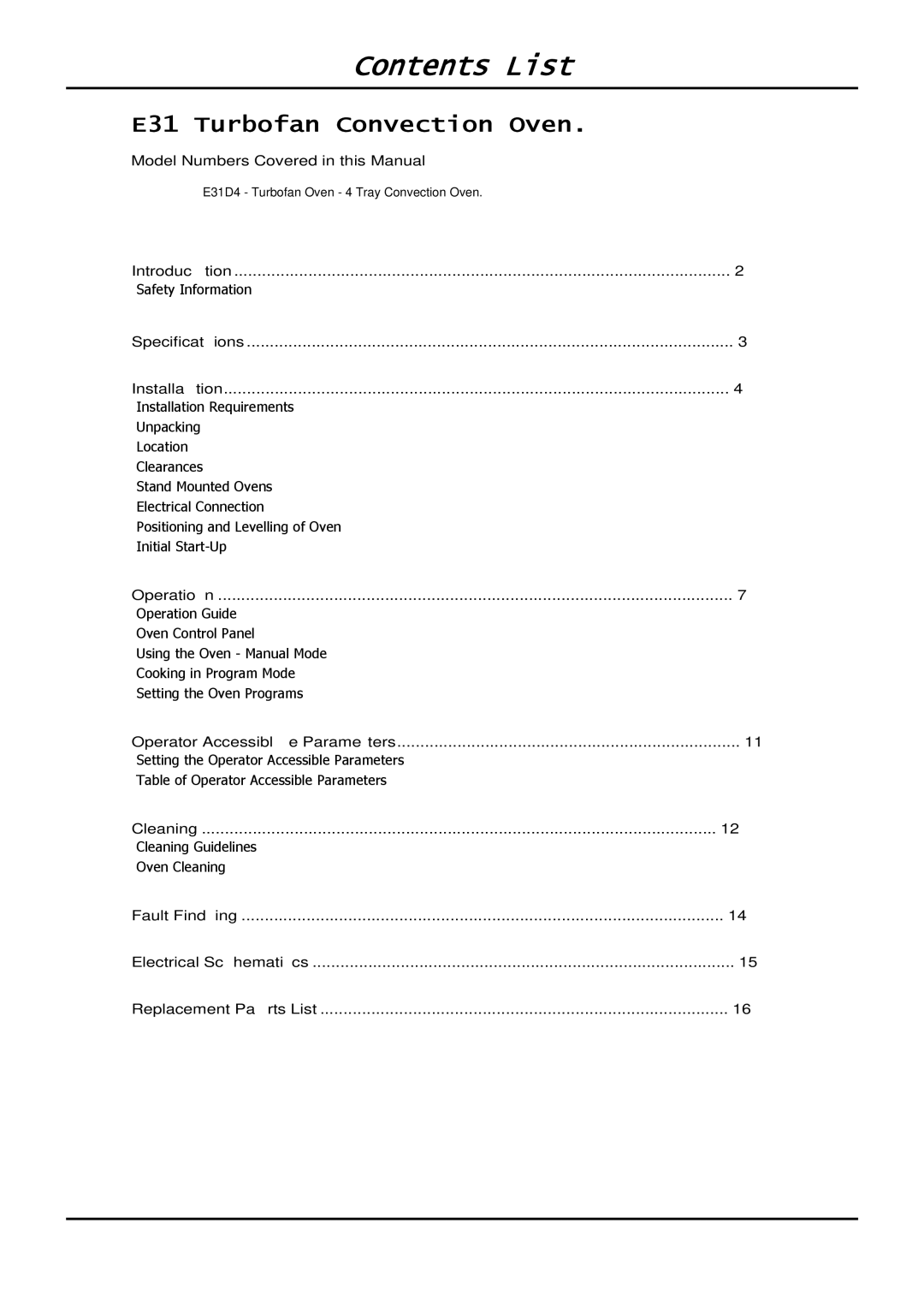 Moffat E31D4 operation manual Contents List 