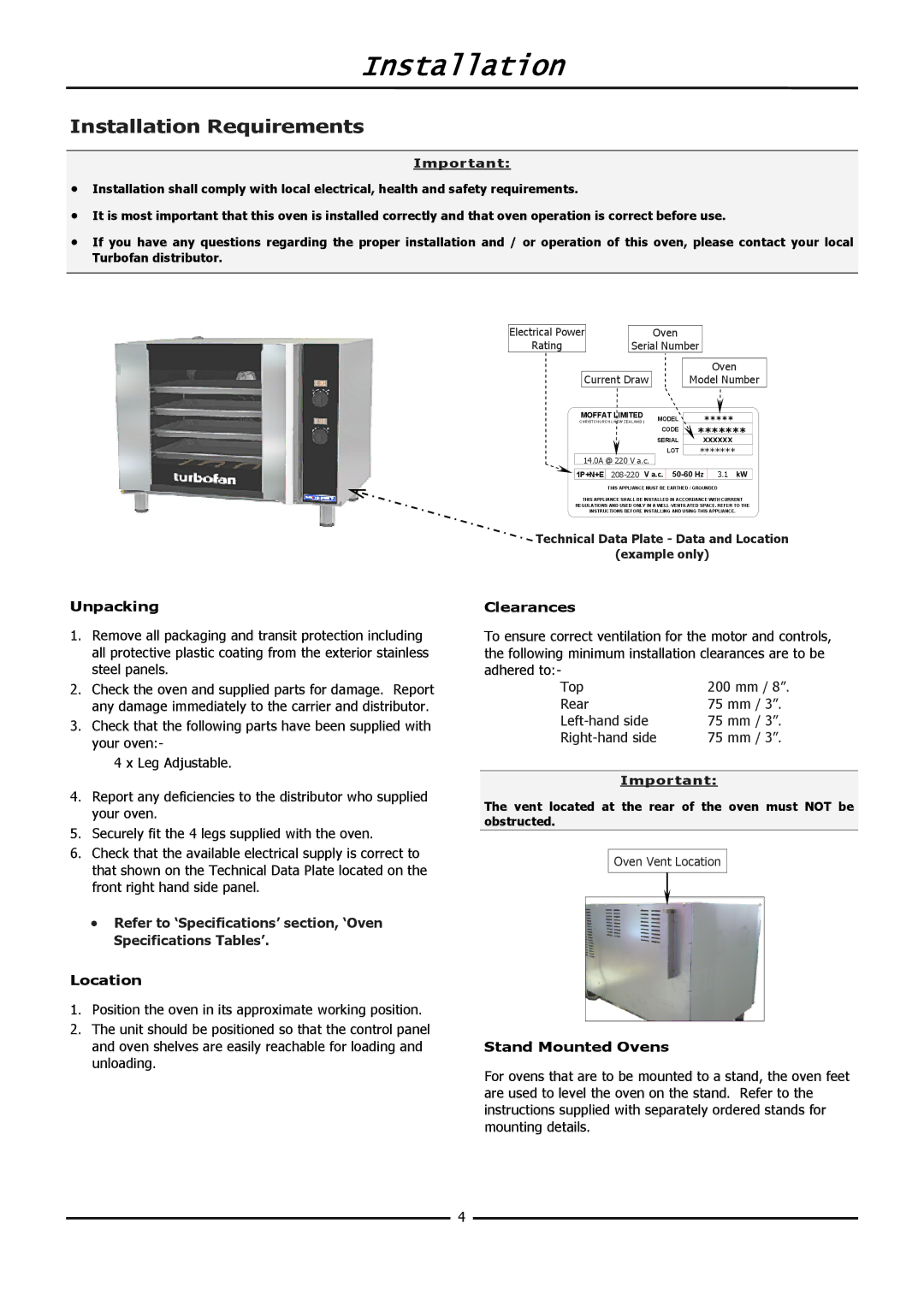 Moffat E31D4 operation manual Installation Requirements 