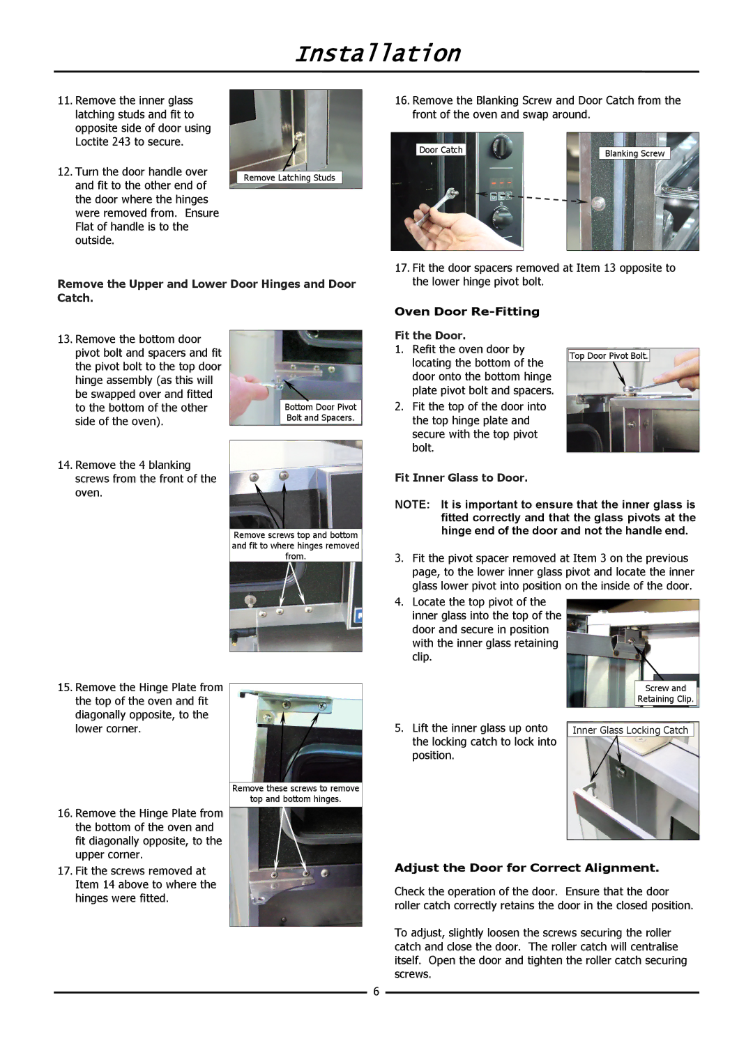 Moffat E31D4 operation manual Remove the Upper and Lower Door Hinges and Door Catch, Oven Door Re-Fitting, Fit the Door 