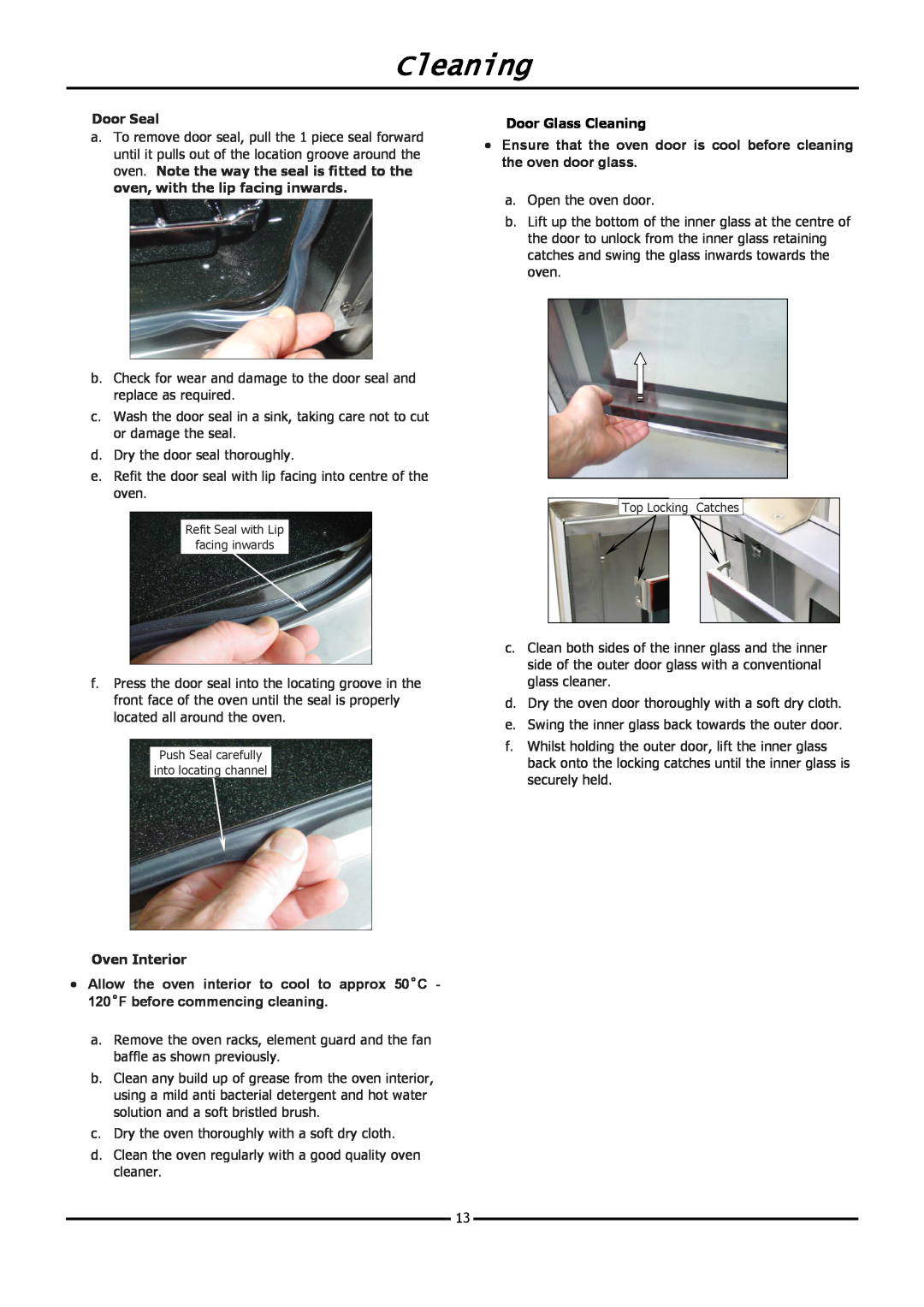 Moffat E31D4 operation manual Door Seal, Oven Interior, Door Glass Cleaning 