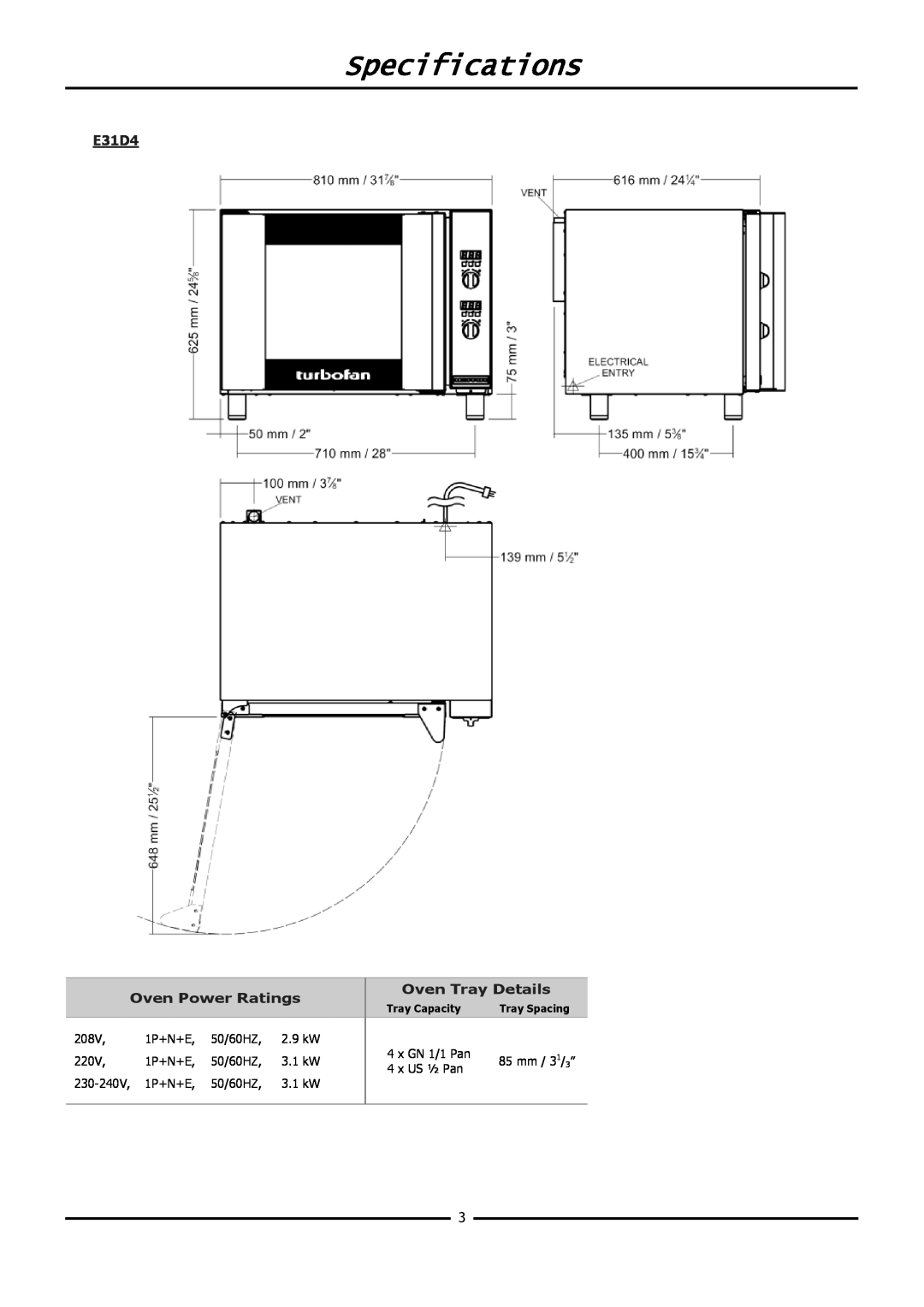 Moffat E31D4 operation manual Specifications, Oven Power Ratings, Oven Tray Details 