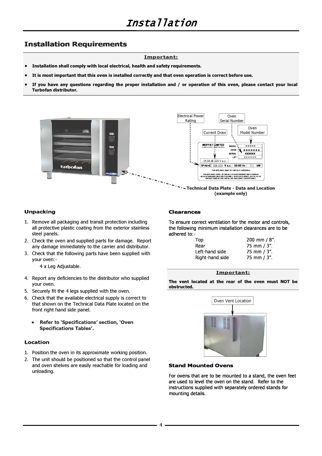 Moffat E31D4 operation manual Installation Requirements 