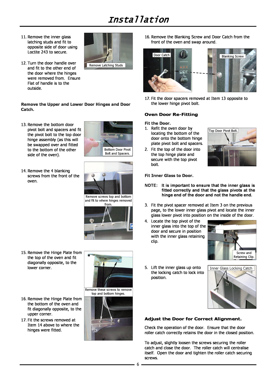 Moffat E31D4 operation manual Fit the Door, Fit Inner Glass to Door, Installation, Oven Door Re-Fitting 