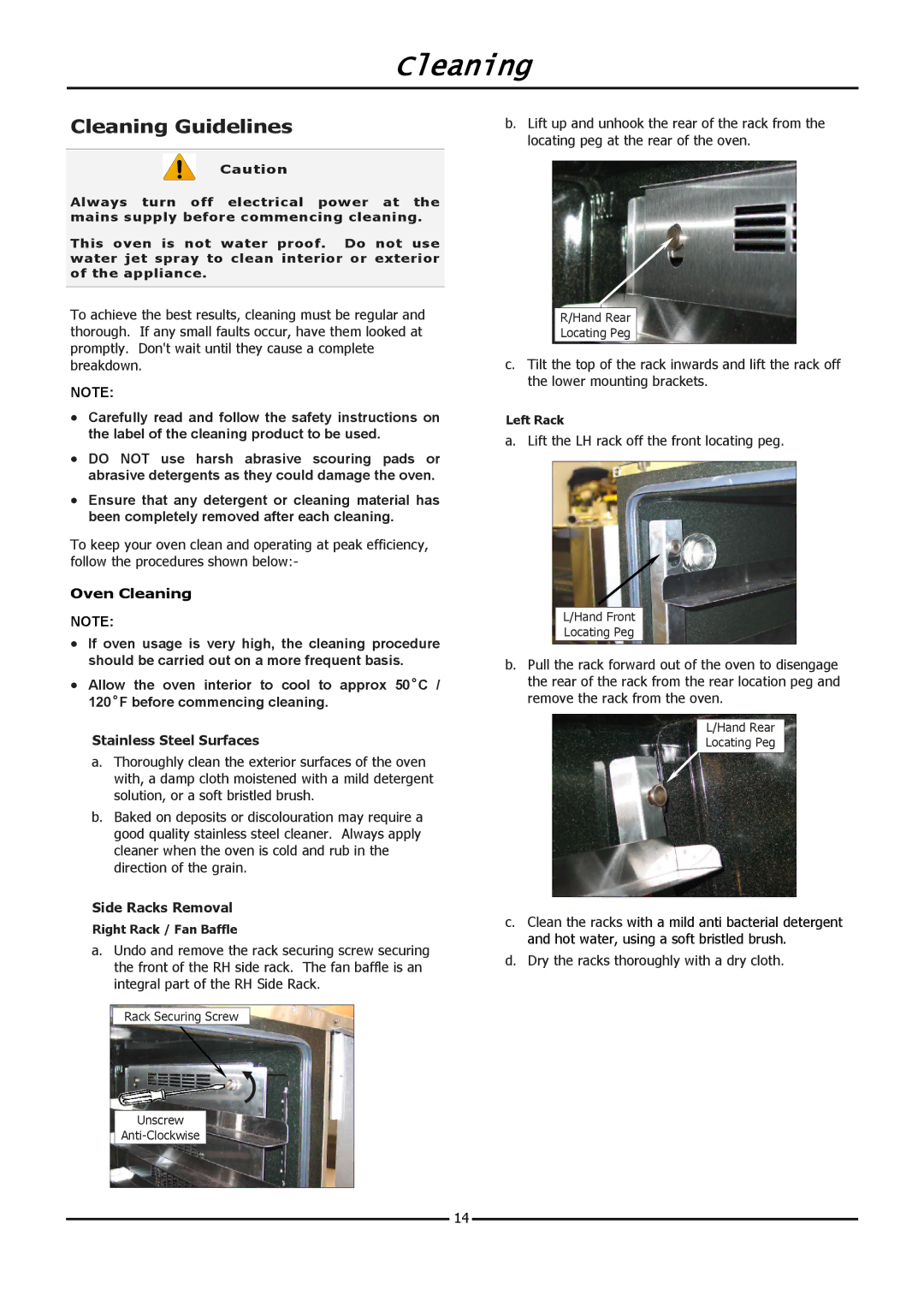 Moffat E32D5 operation manual Cleaning Guidelines, Oven Cleaning, Stainless Steel Surfaces, Side Racks Removal 